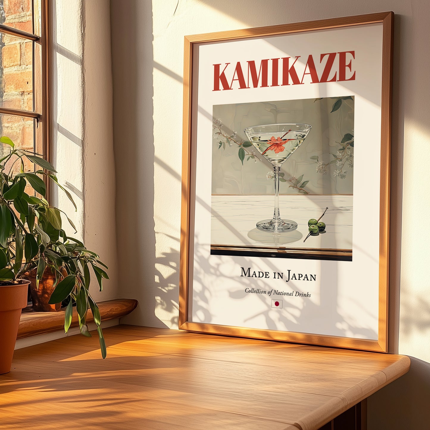 Kamikaze – Japanese Cocktail Drink, Beach Bar Print, no-text version framed in wood