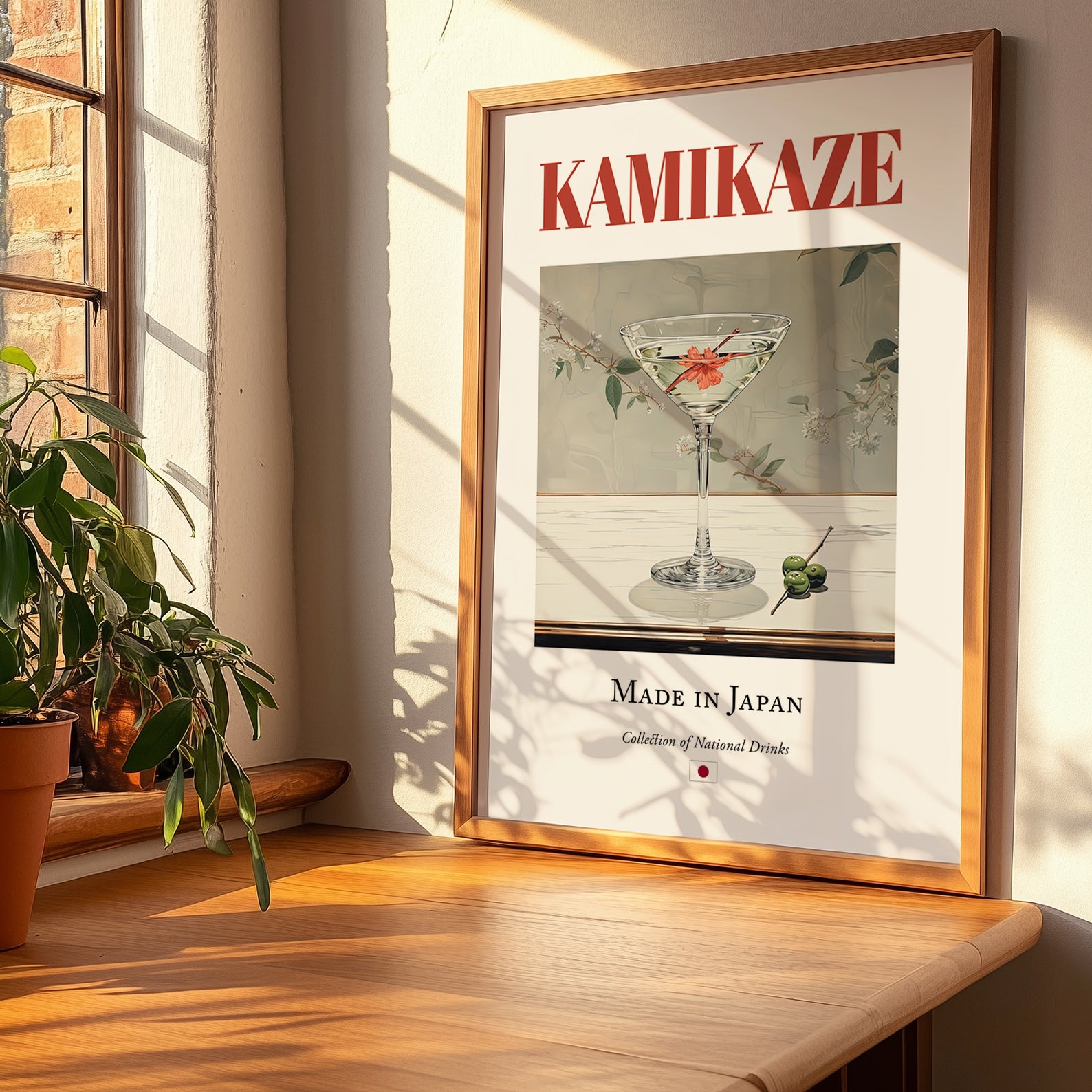 Kamikaze – Japanese Cocktail Drink, Beach Bar Print, no-text version framed in wood
