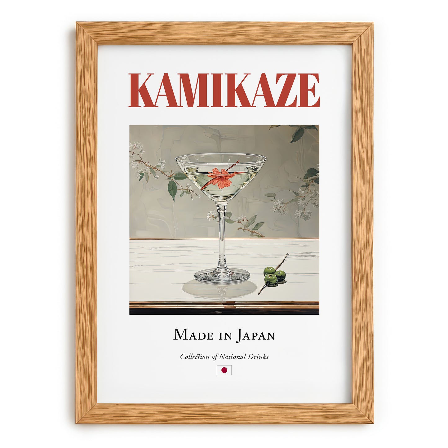 Kamikaze – Japanese Cocktail Drink, Beach Bar Print, set in oak frame