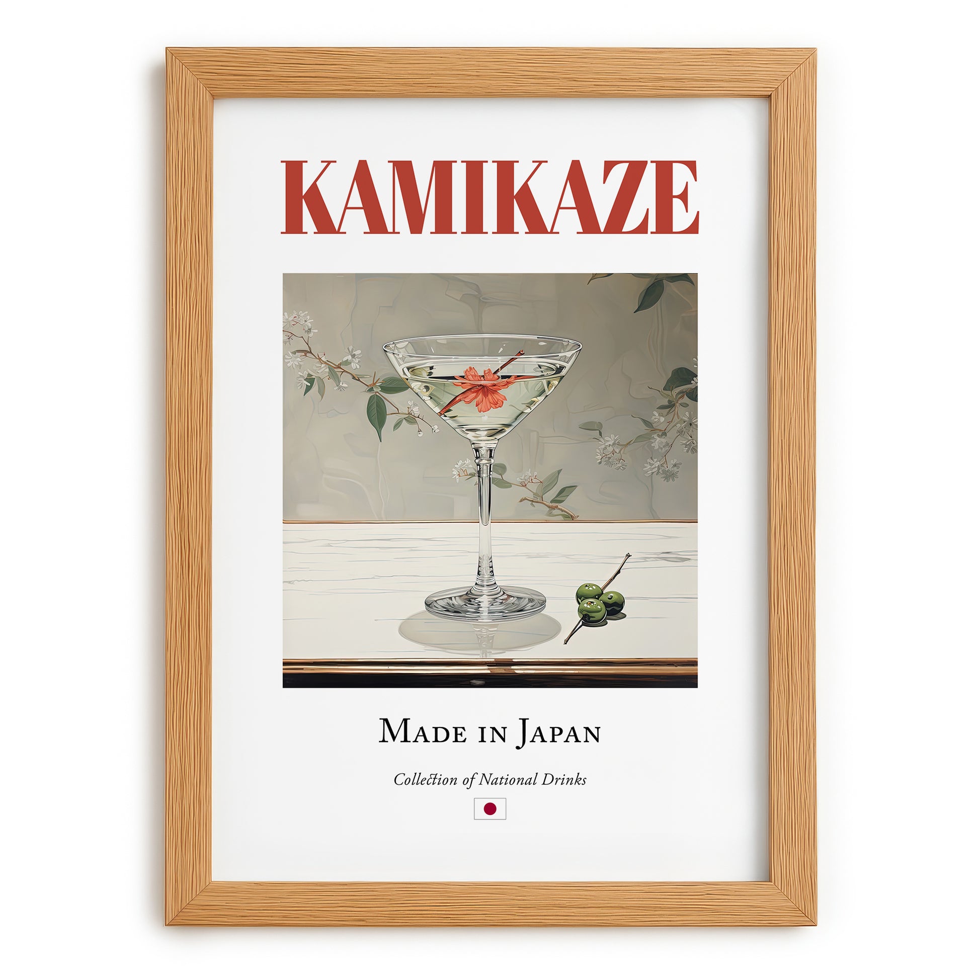 Kamikaze – Japanese Cocktail Drink, Beach Bar Print, set in oak frame