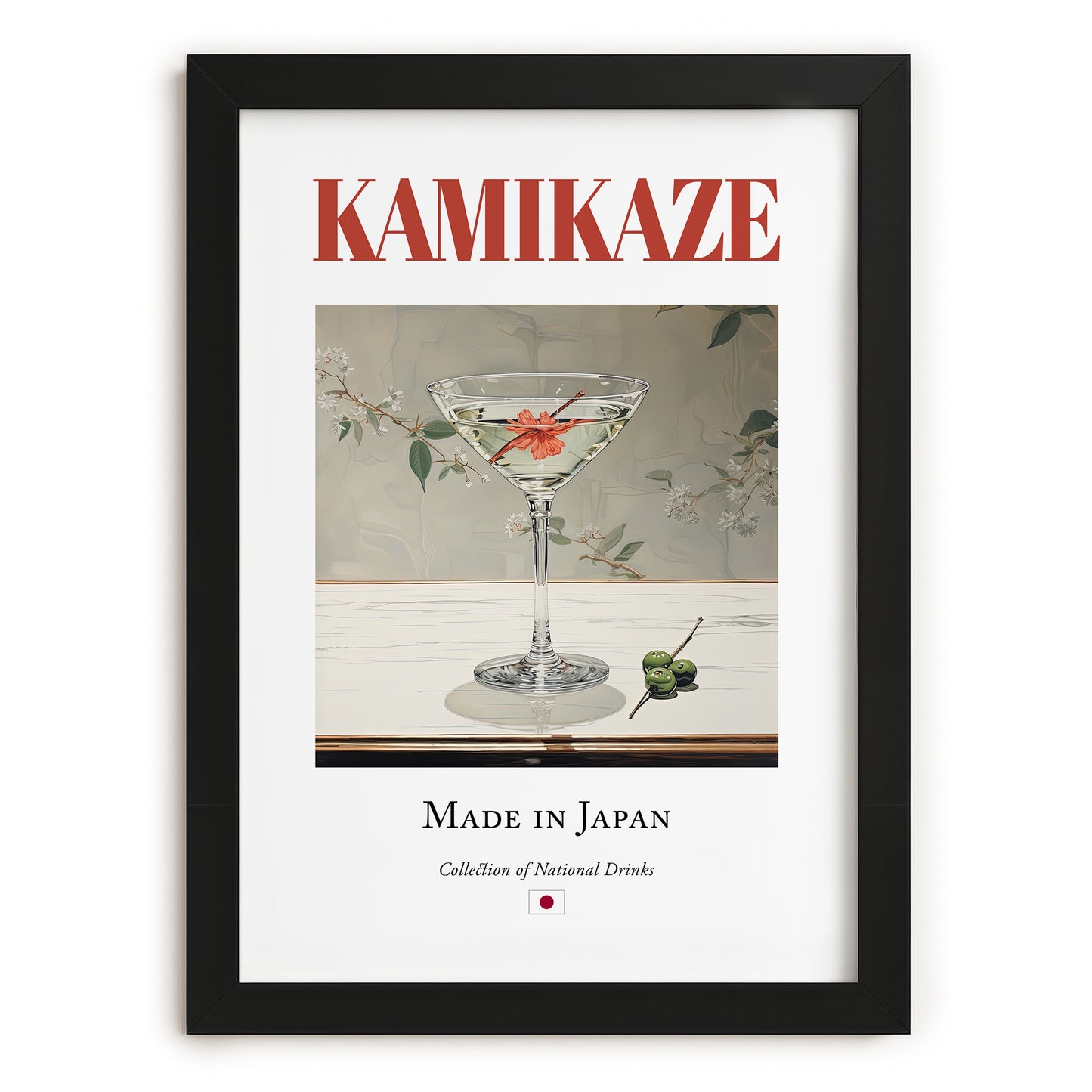 Kamikaze – Japanese Cocktail Drink, Beach Bar Print, in sleek black frame