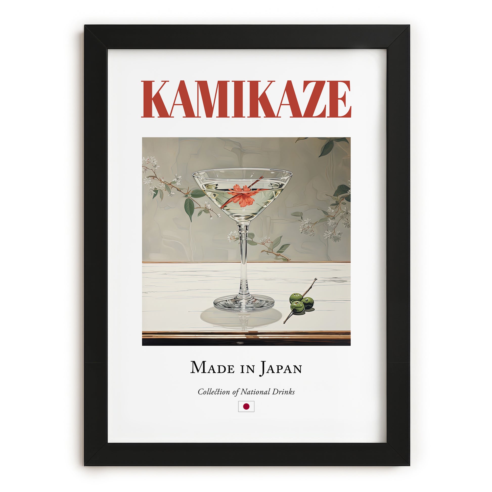 Kamikaze – Japanese Cocktail Drink, Beach Bar Print, in sleek black frame