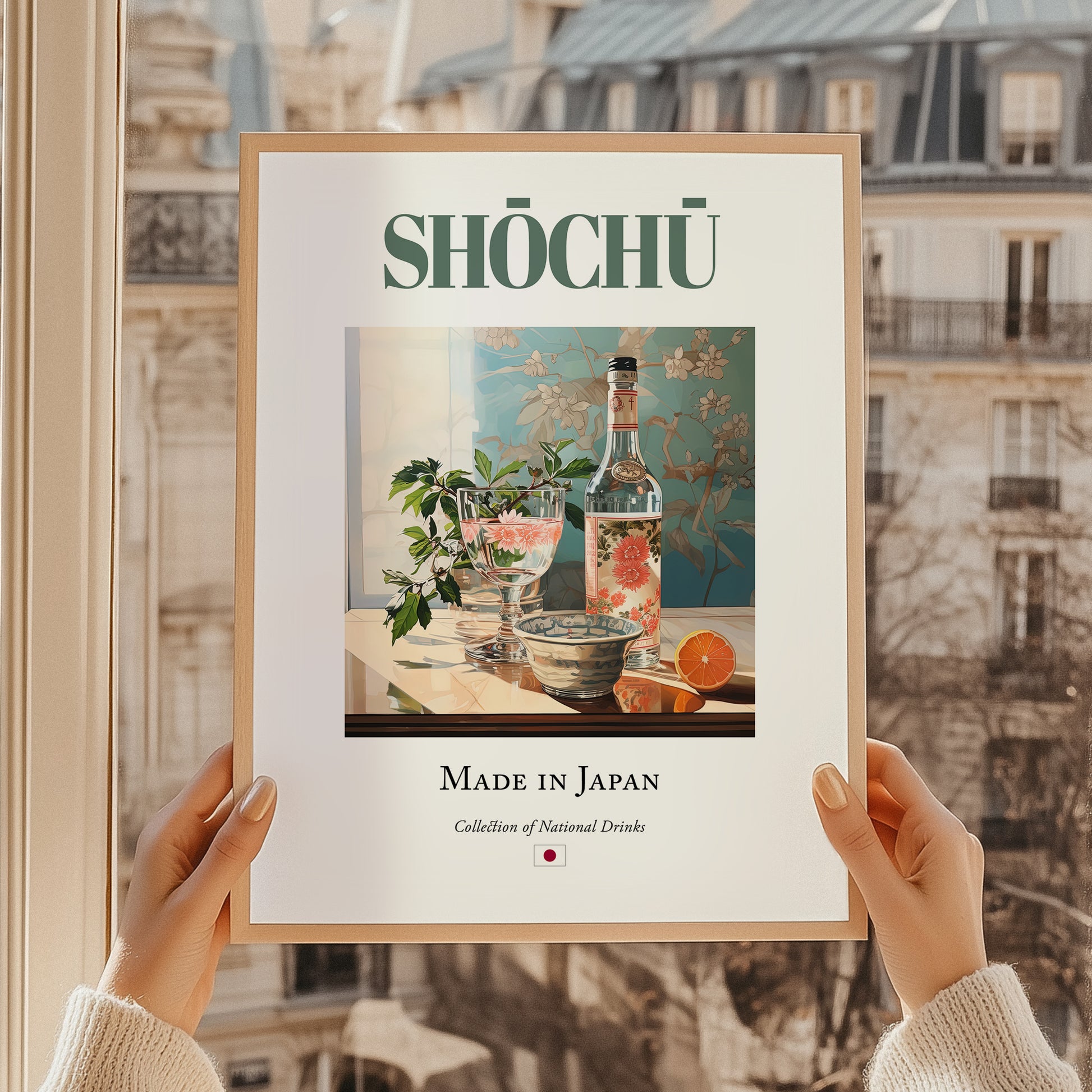 Shōchū – Japanese Spirit Drink, Rooftop Terrace Poster, styled in a charming Paris street view