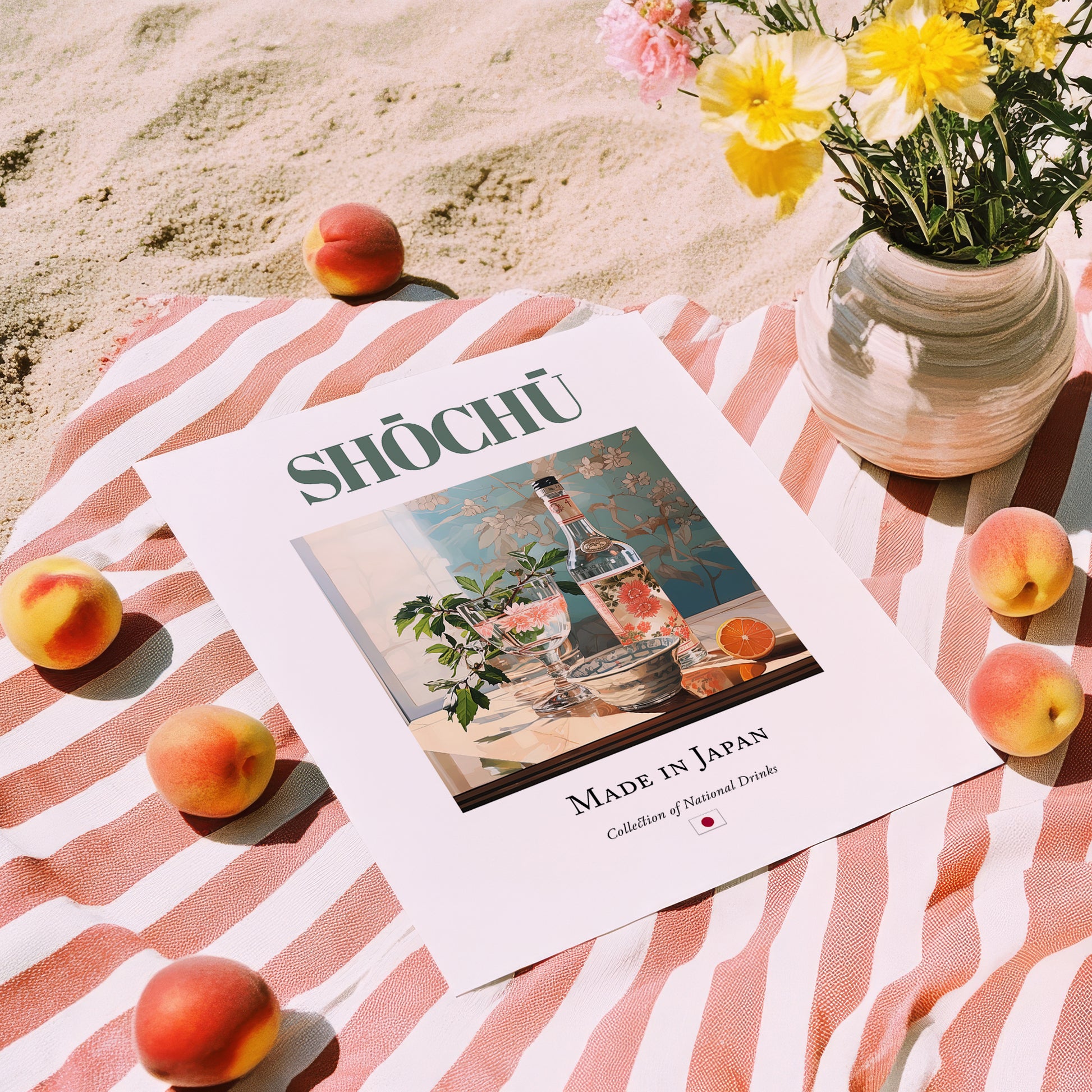 Shōchū – Japanese Spirit Drink, Rooftop Terrace Poster, unframed on coastal sand