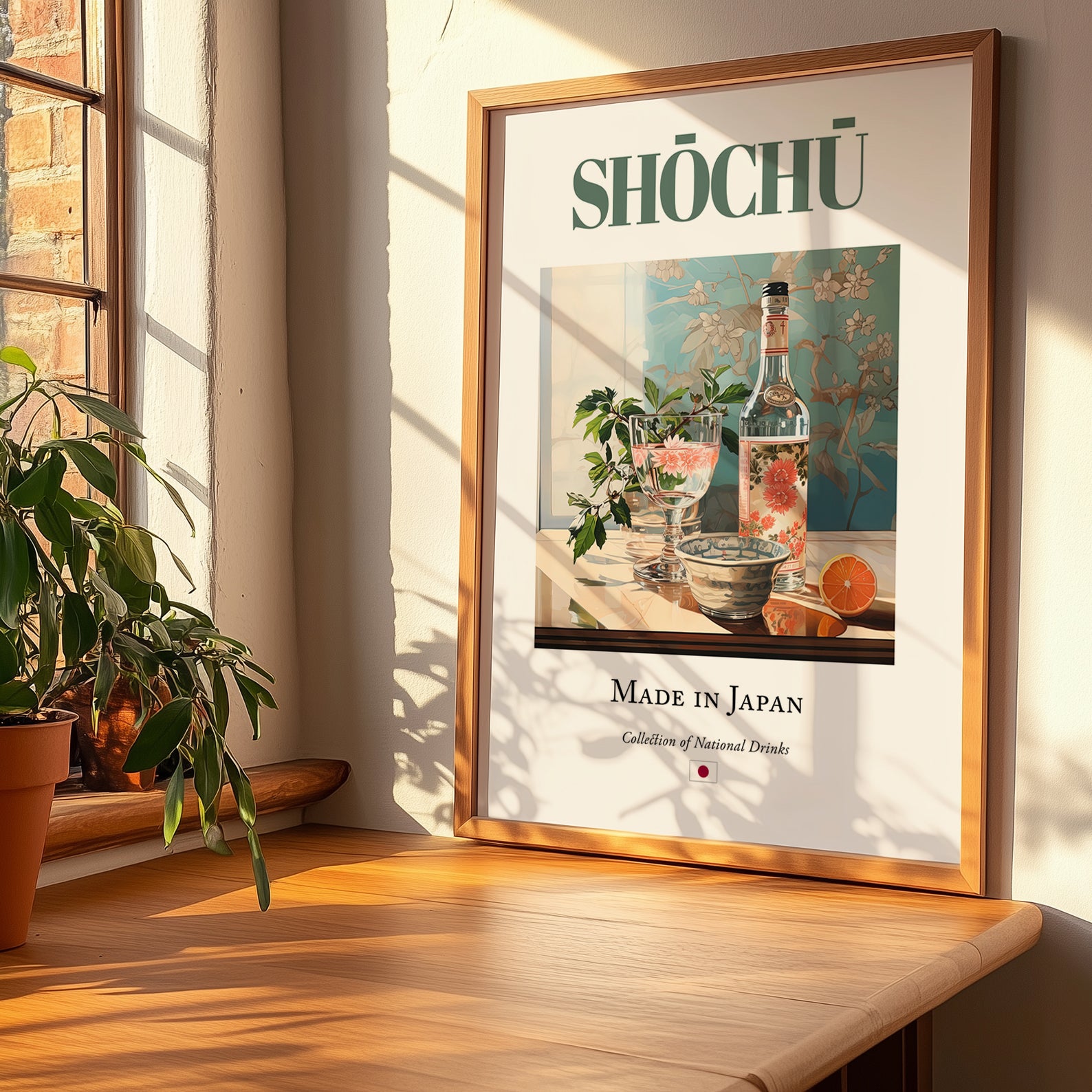 Shōchū – Japanese Spirit Drink, Rooftop Terrace Poster, no-text version framed in wood