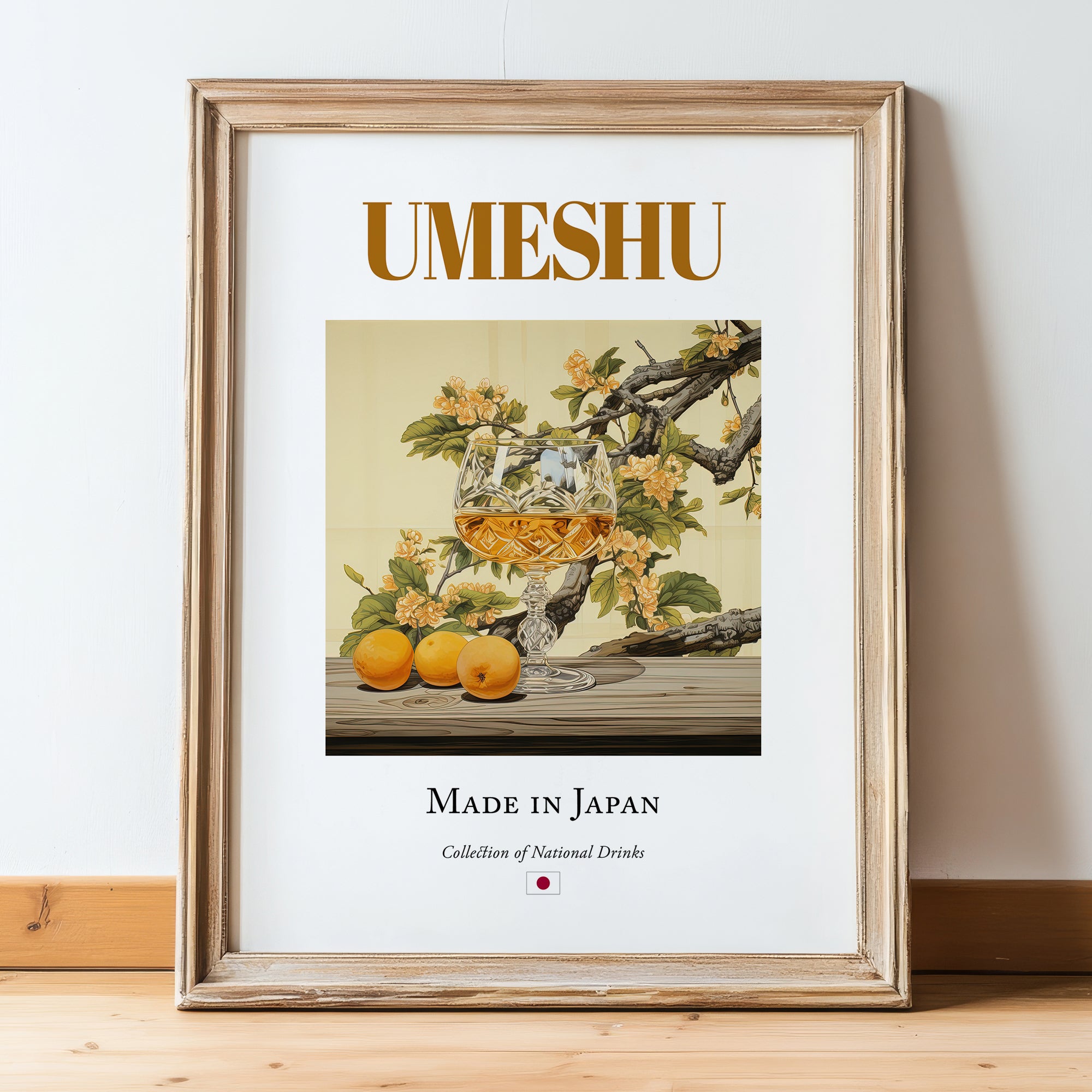 Umeshu – Japanese Beverage Drink, Cocktail Lounge Wall Art, in wooden frame leaning on the floor