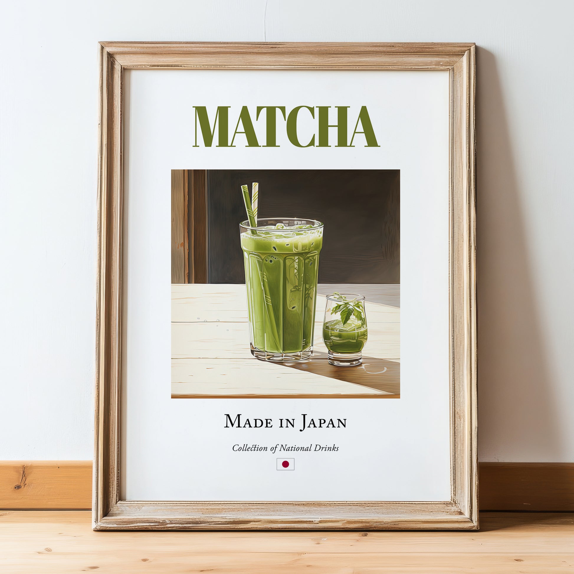 Matcha – Japanese Tea, Tea House Still Life, in wooden frame leaning on the floor