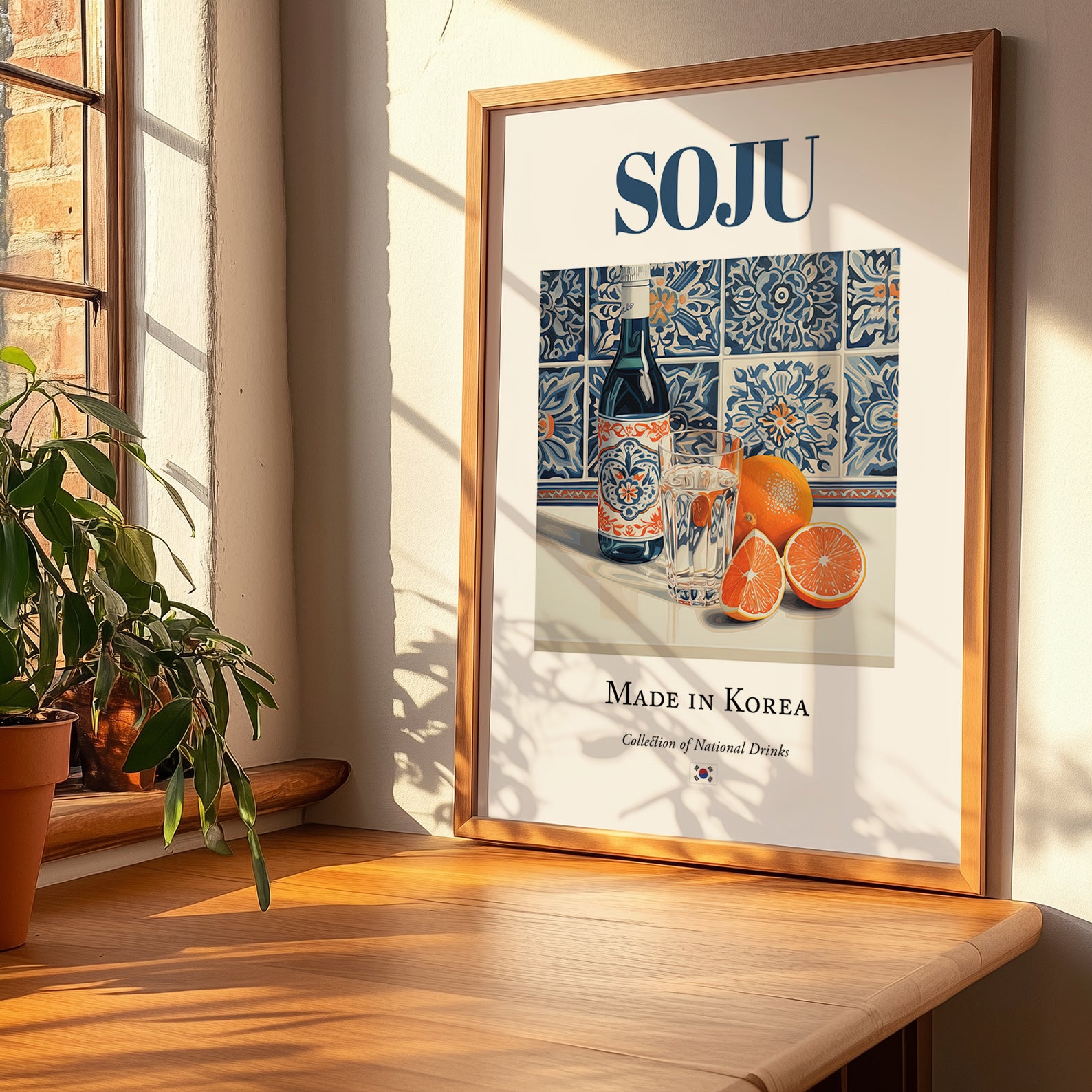 Soju – Korean Spirit Drink, Beach Bar Poster, no-text version framed in wood