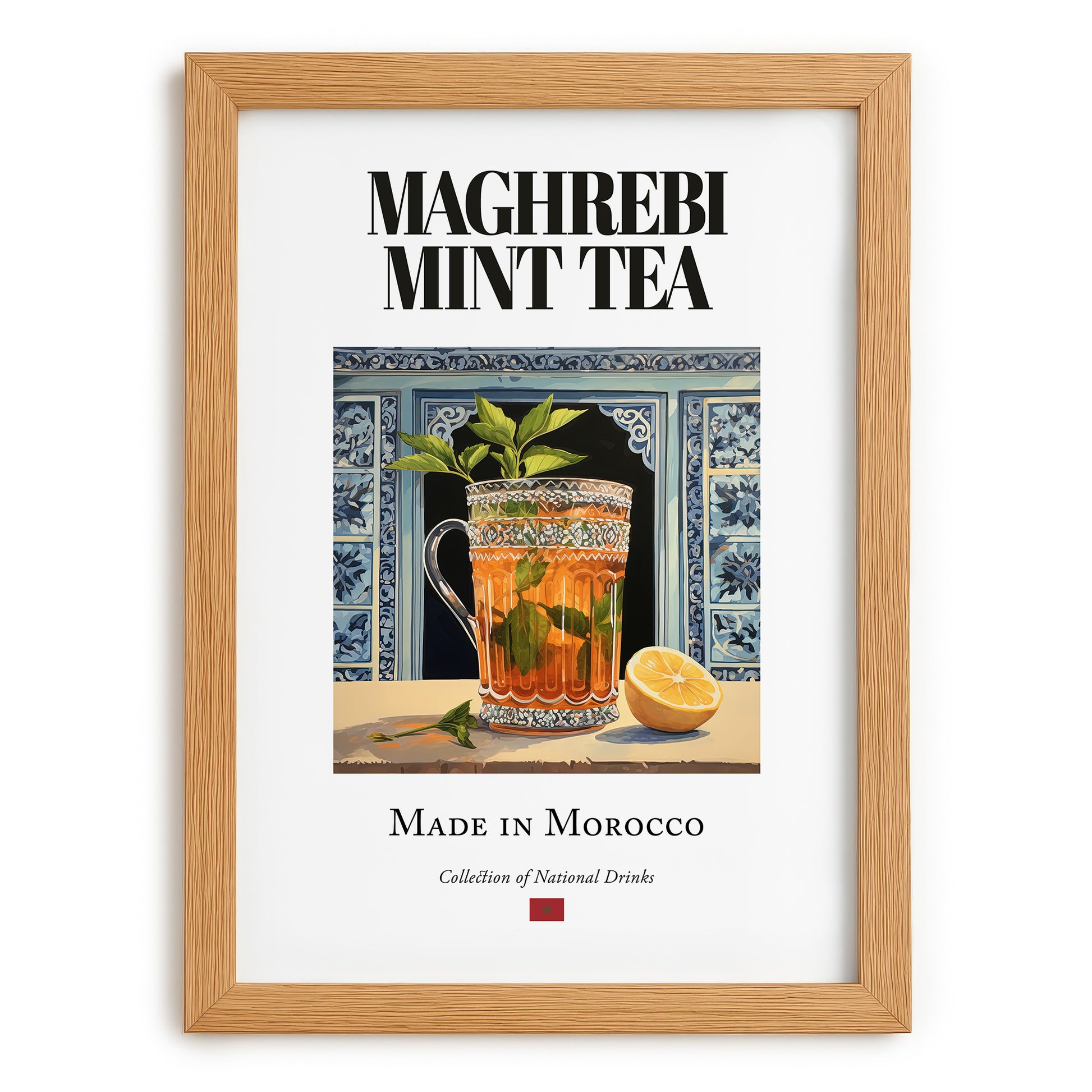 Maghrebi Mint Tea – Moroccan Tea, Tea Lounge Poster, set in oak frame