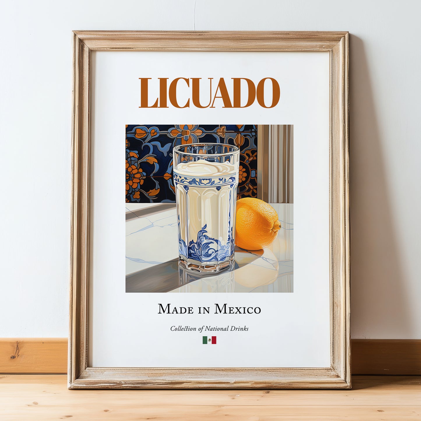 Licuado – Mexican Beverage Drink, Rooftop Terrace Poster, in wooden frame leaning on the floor