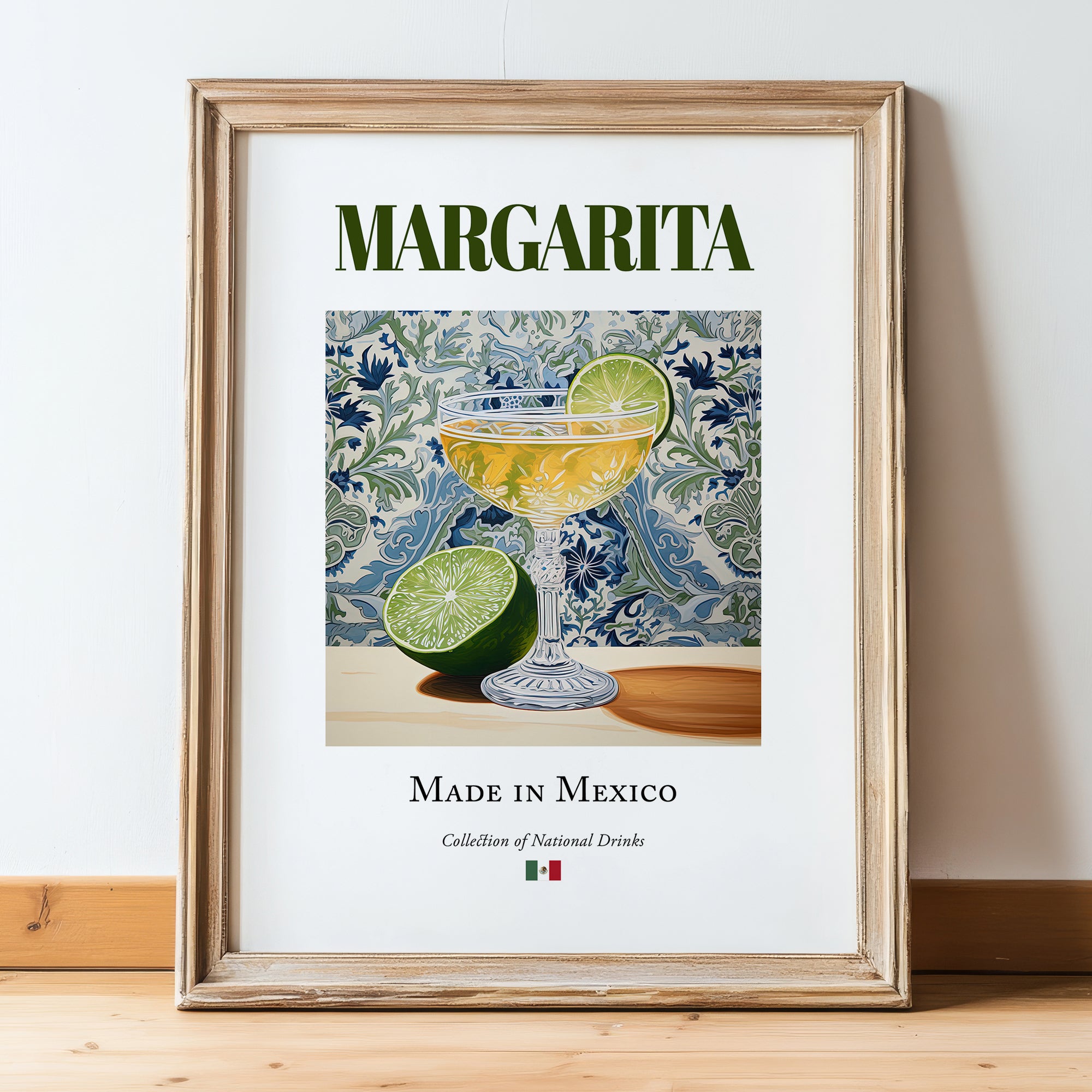 Margarita – Mexican Cocktail Drink, Beach Bar Poster, in wooden frame leaning on the floor