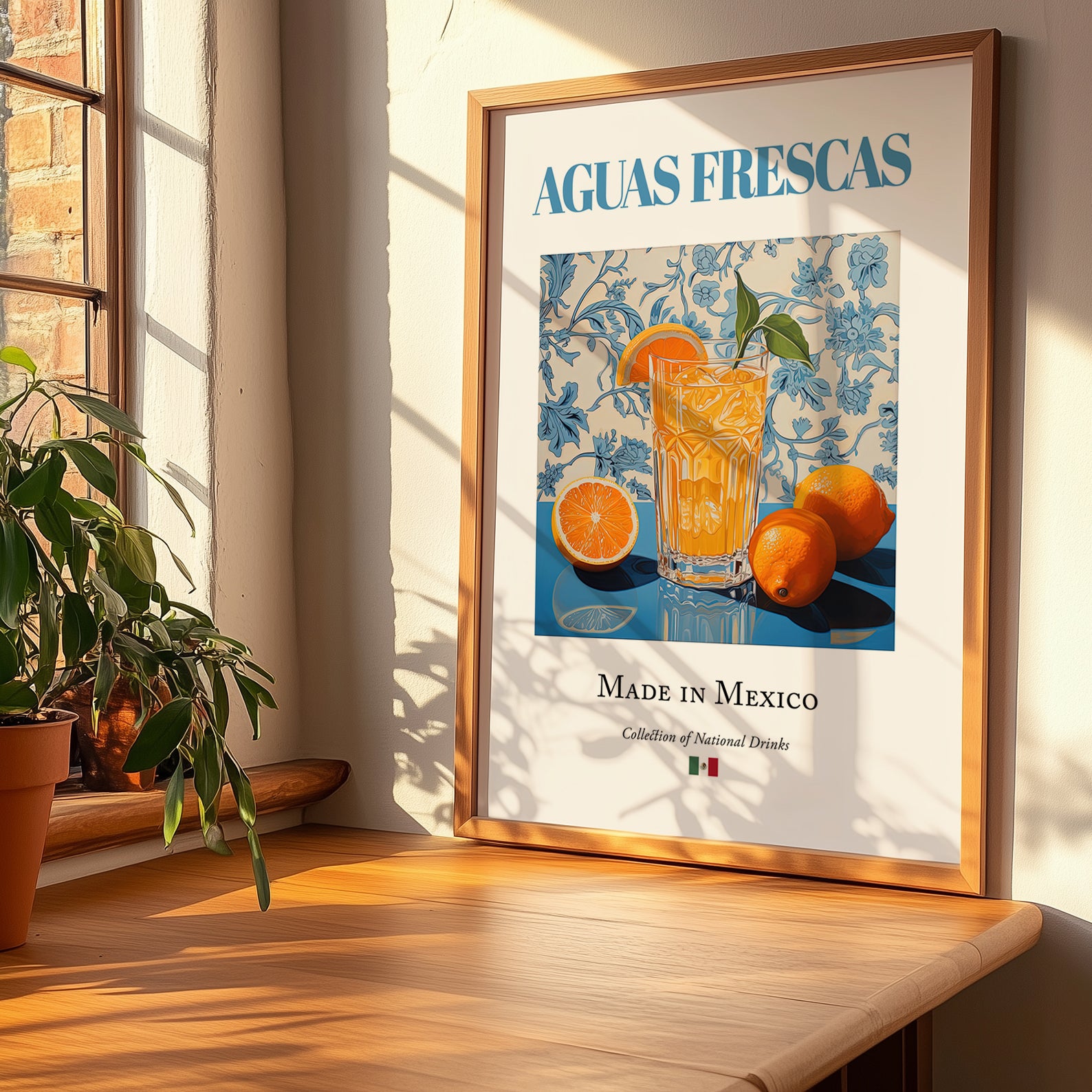 Aguas Frescas – Mexican Beverage Drink, Sky Bar Poster, no-text version framed in wood