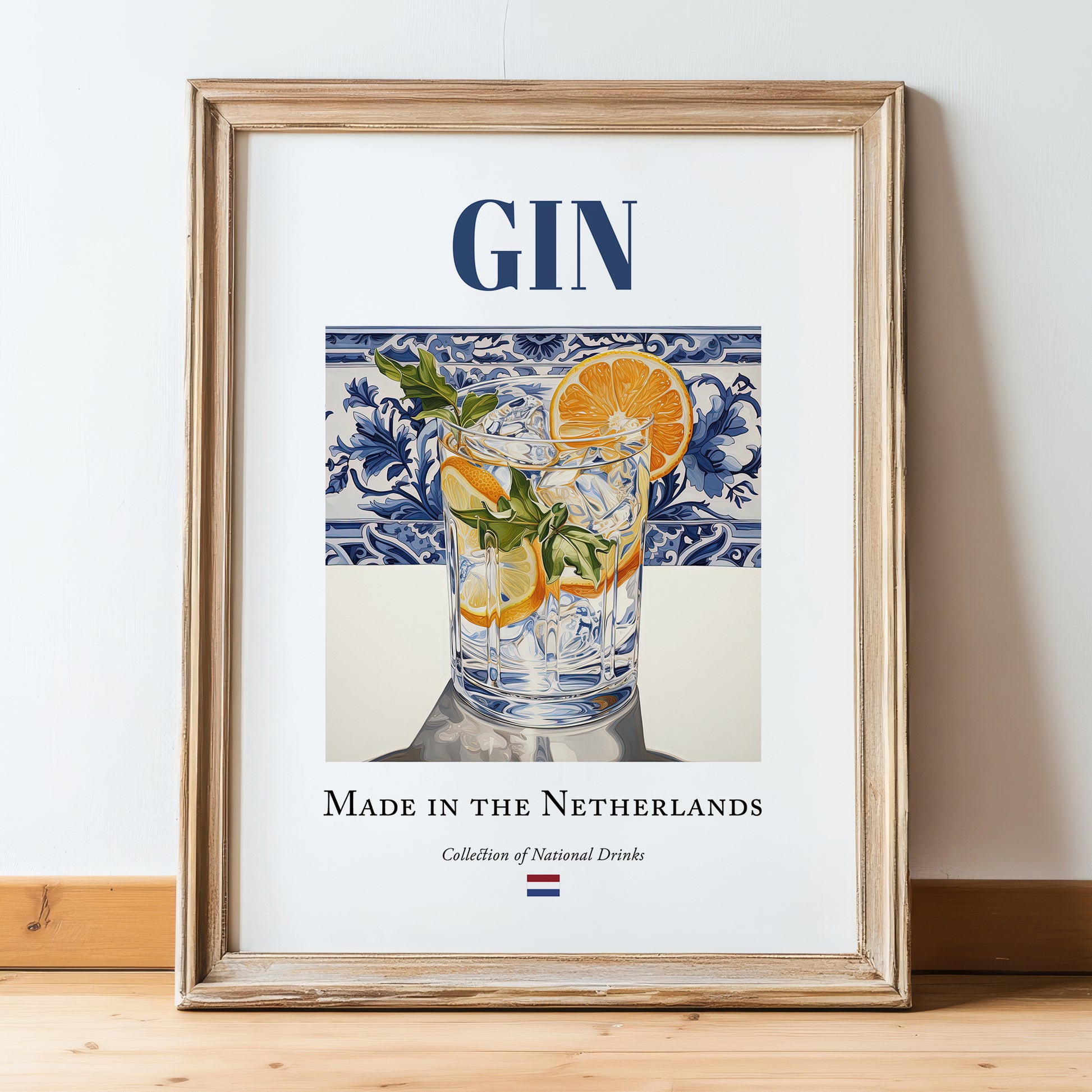 Gin – Dutch Spirit Drink, Hotel Lobby Wall Art, in wooden frame leaning on the floor