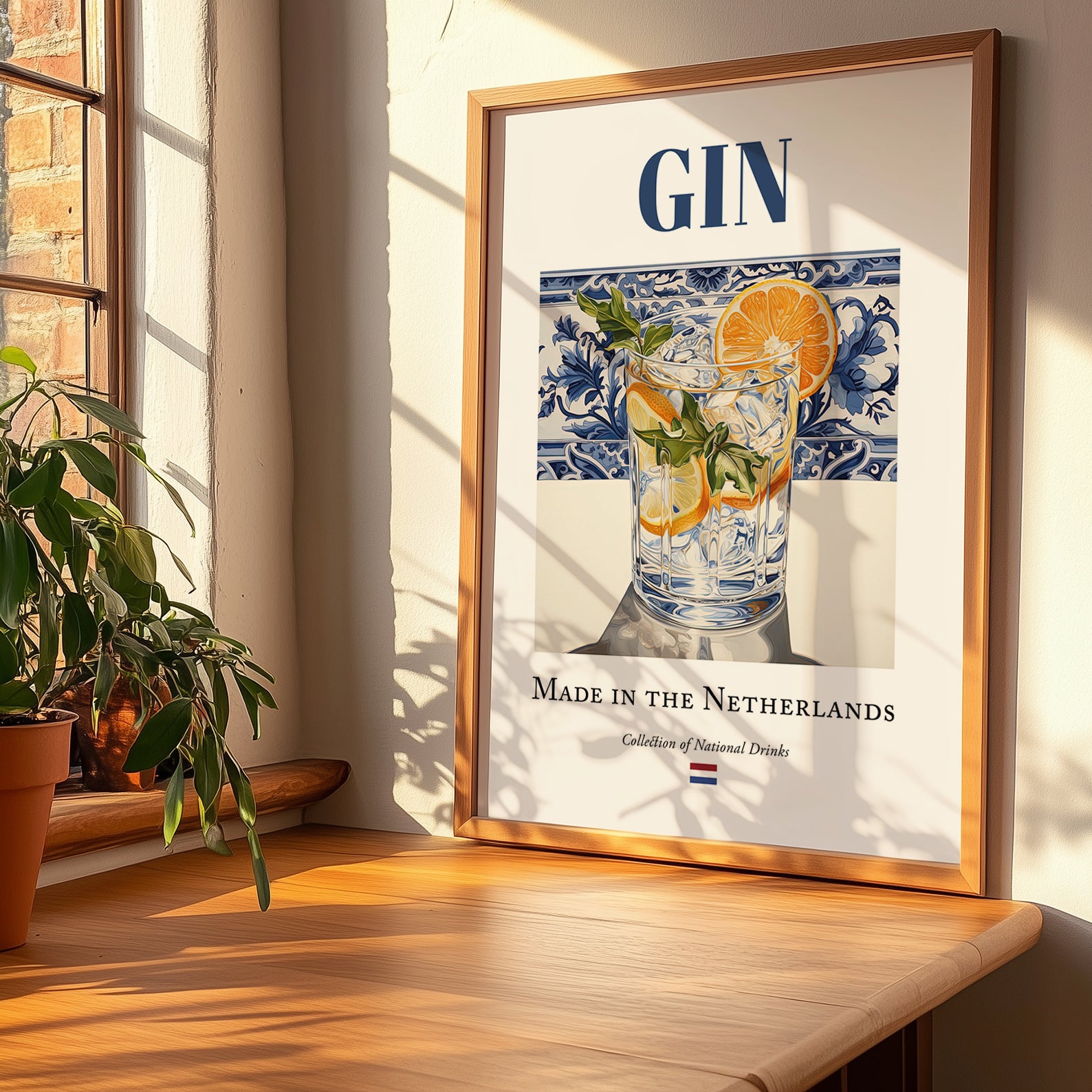 Gin – Dutch Spirit Drink, Hotel Lobby Wall Art, no-text version framed in wood