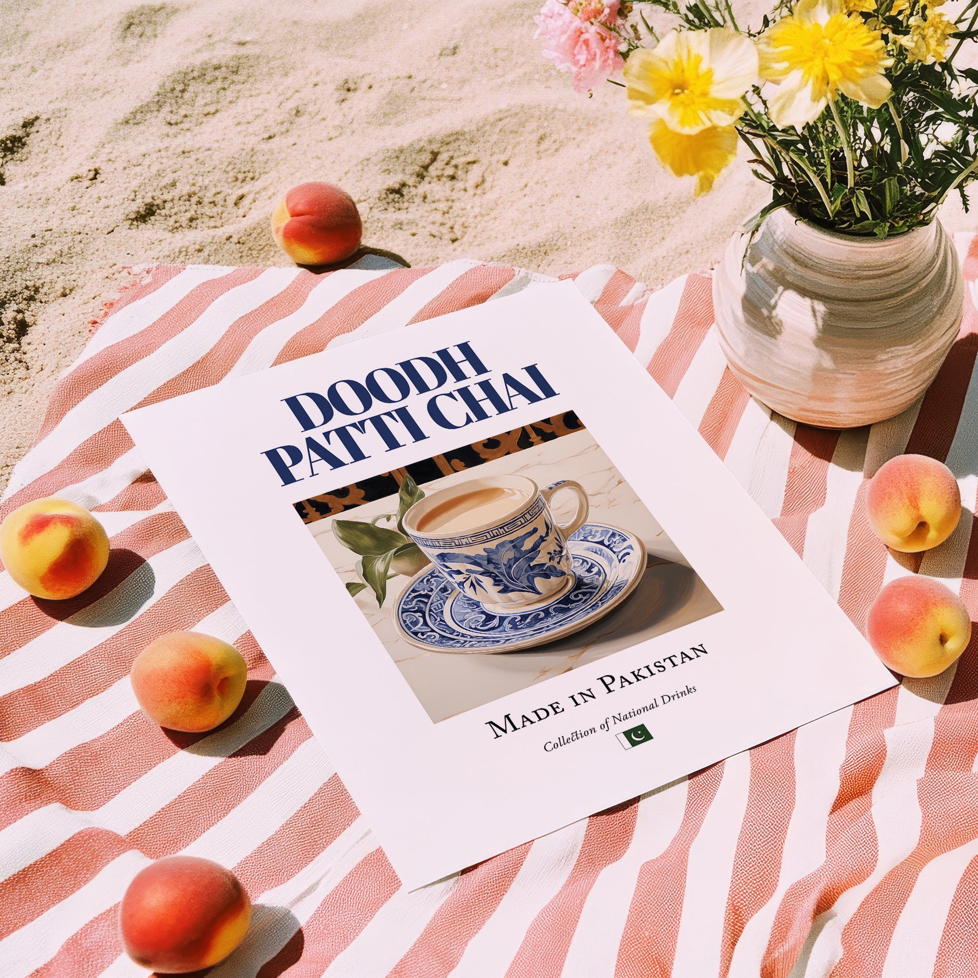 Doodh Patti Chai – Pakistani Tea, Tea Room Illustration, unframed on coastal sand