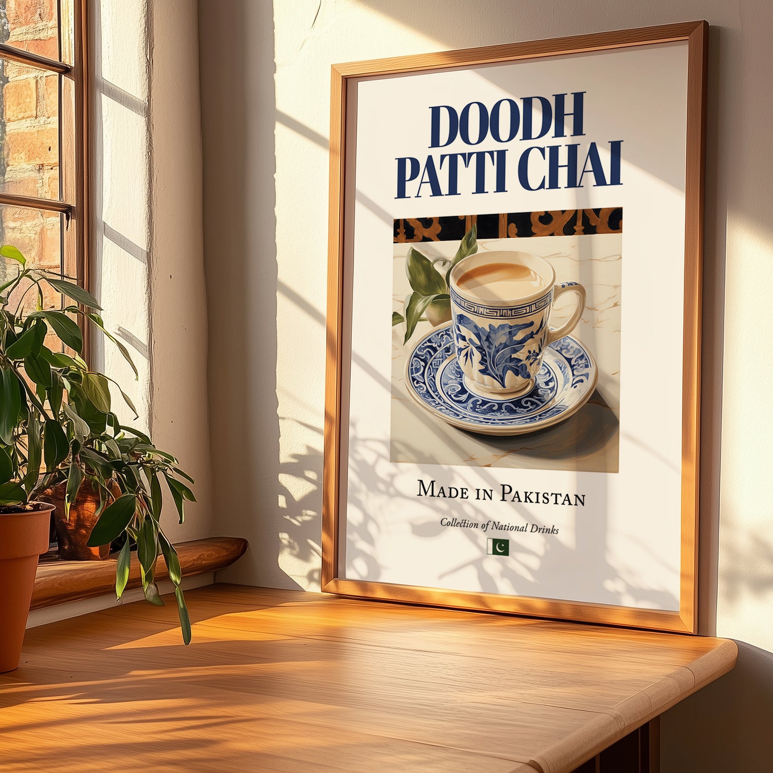 Doodh Patti Chai – Pakistani Tea, Tea Room Illustration, no-text version framed in wood