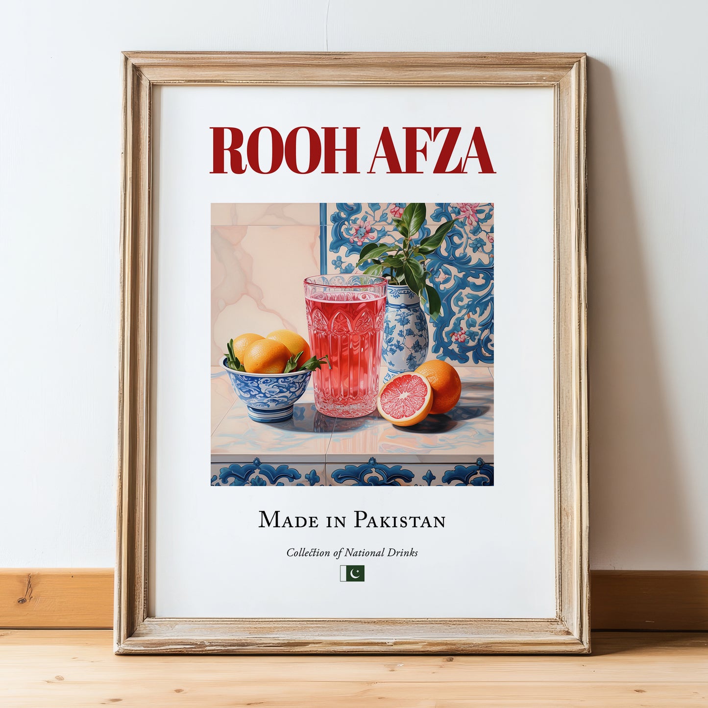 Rooh Afza – Pakistani Beverage Drink, Jazz Bar Painting, in wooden frame leaning on the floor