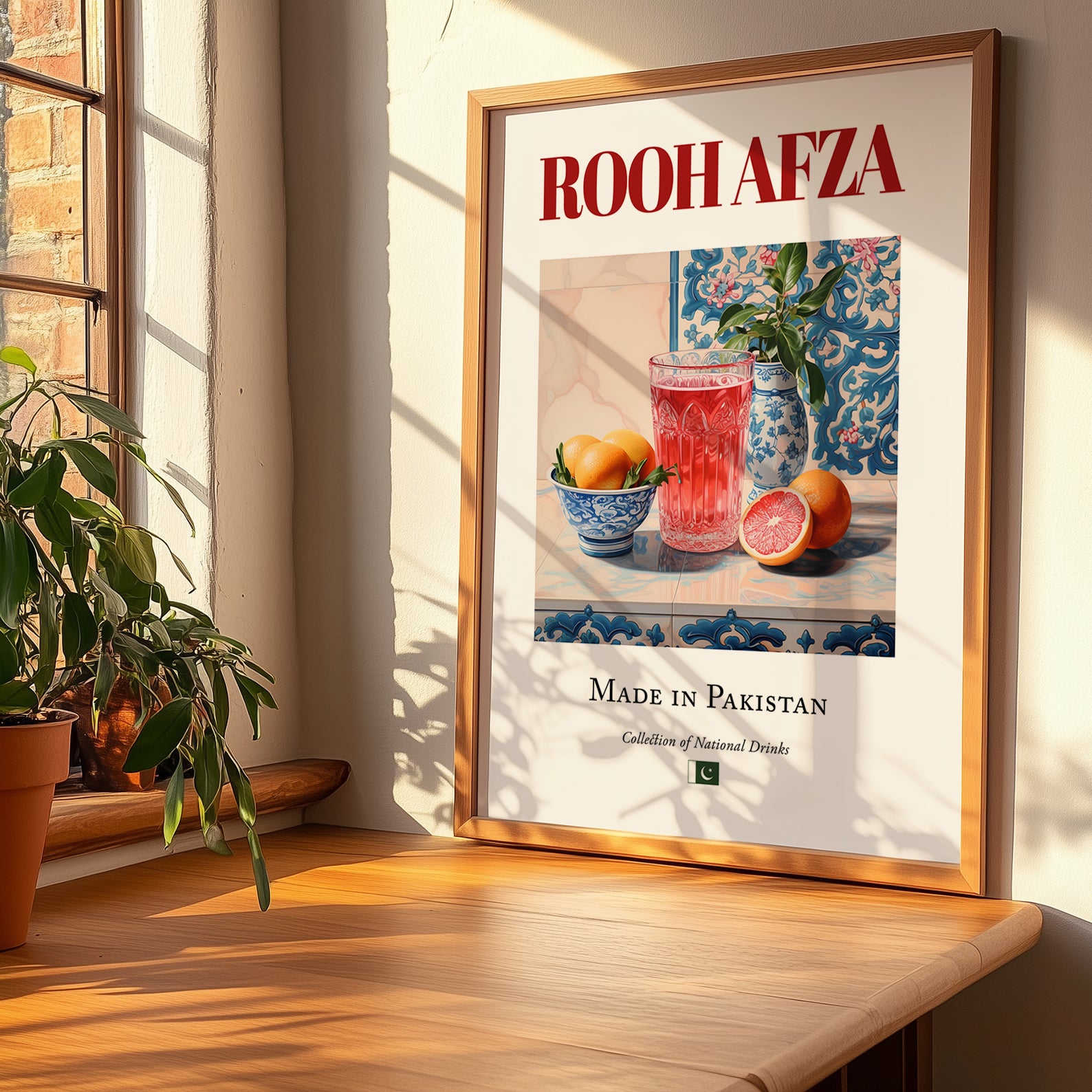 Rooh Afza – Pakistani Beverage Drink, Jazz Bar Painting, no-text version framed in wood