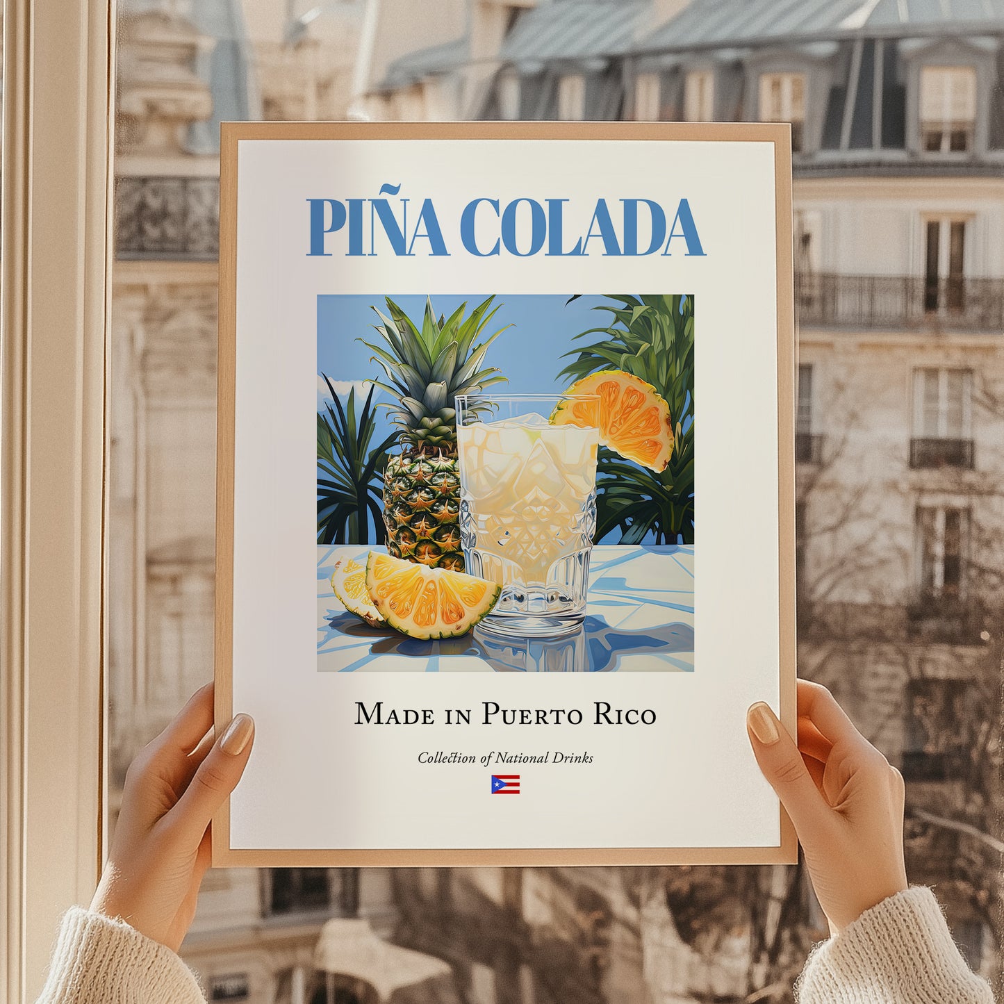Piña Colada – Puerto Rican Cocktail Drink, Cocktail Lounge Print, styled in a charming Paris street view