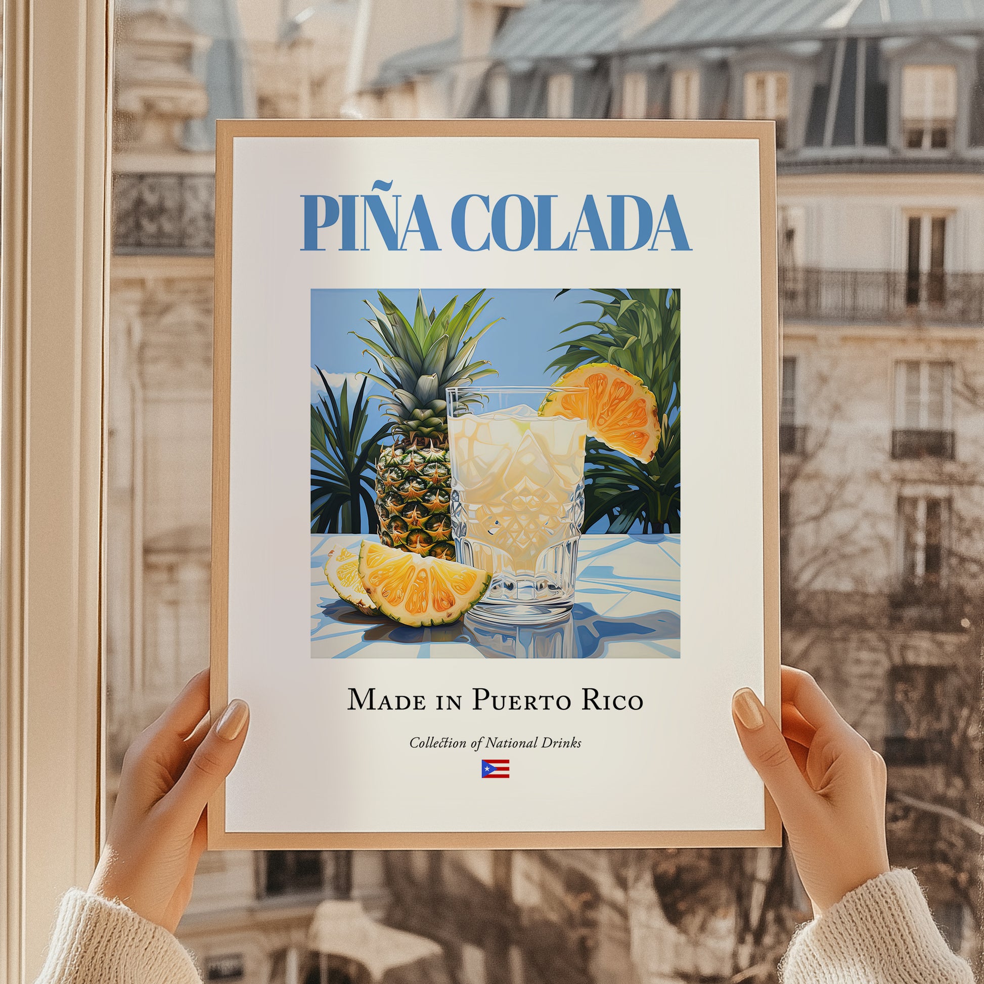 Piña Colada – Puerto Rican Cocktail Drink, Cocktail Lounge Print, styled in a charming Paris street view