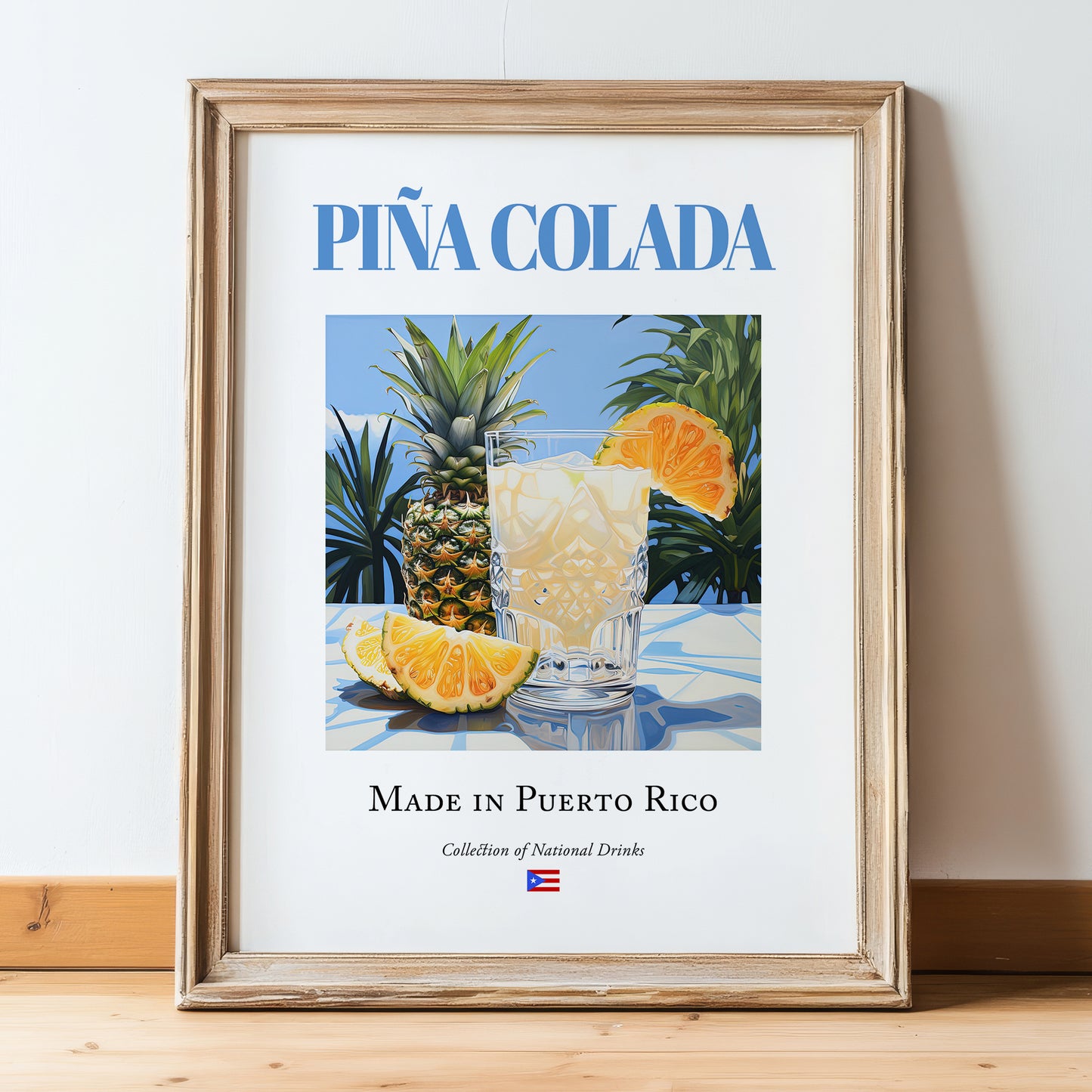 Piña Colada – Puerto Rican Cocktail Drink, Cocktail Lounge Print, in wooden frame leaning on the floor