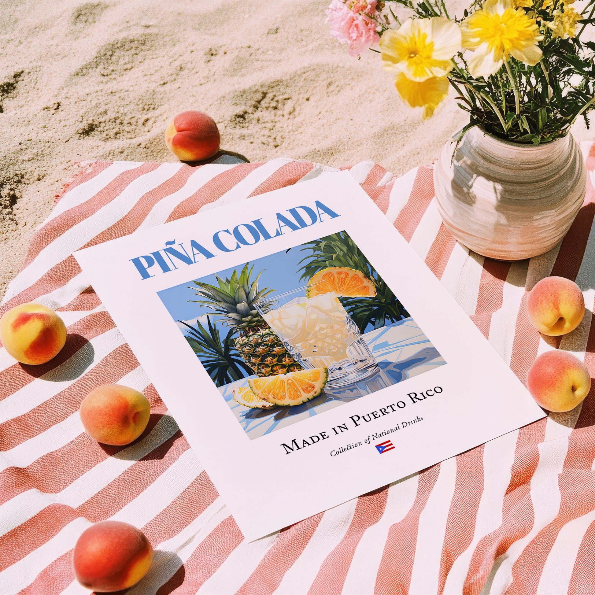 Piña Colada – Puerto Rican Cocktail Drink, Cocktail Lounge Print, unframed on coastal sand