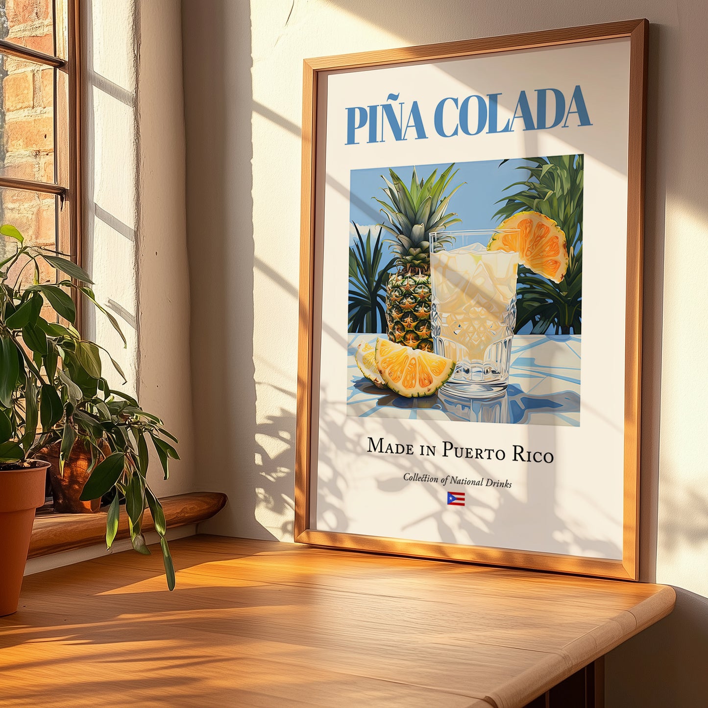 Piña Colada – Puerto Rican Cocktail Drink, Cocktail Lounge Print, no-text version framed in wood