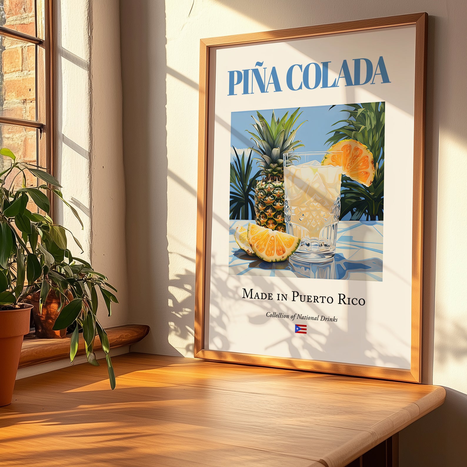 Piña Colada – Puerto Rican Cocktail Drink, Cocktail Lounge Print, no-text version framed in wood