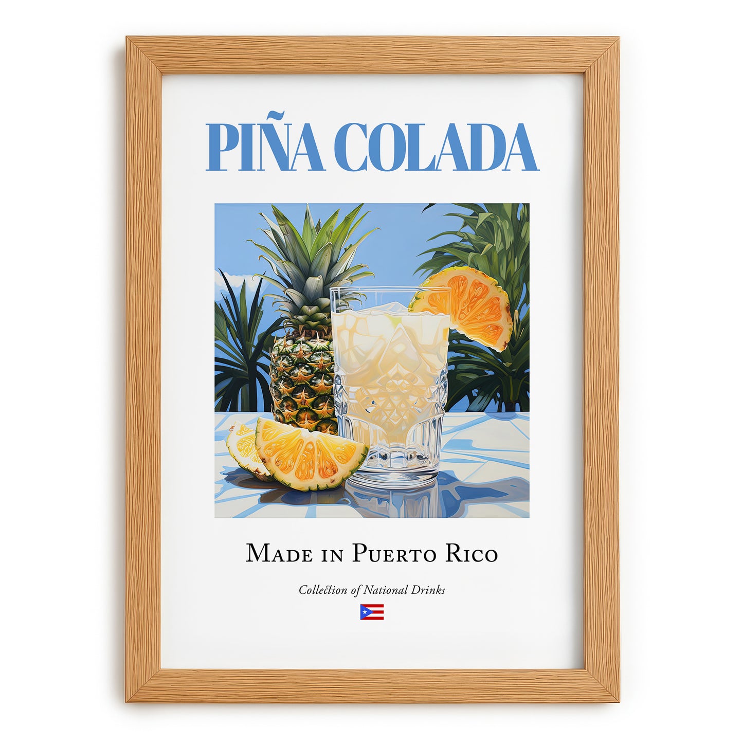 Piña Colada – Puerto Rican Cocktail Drink, Cocktail Lounge Print, set in oak frame