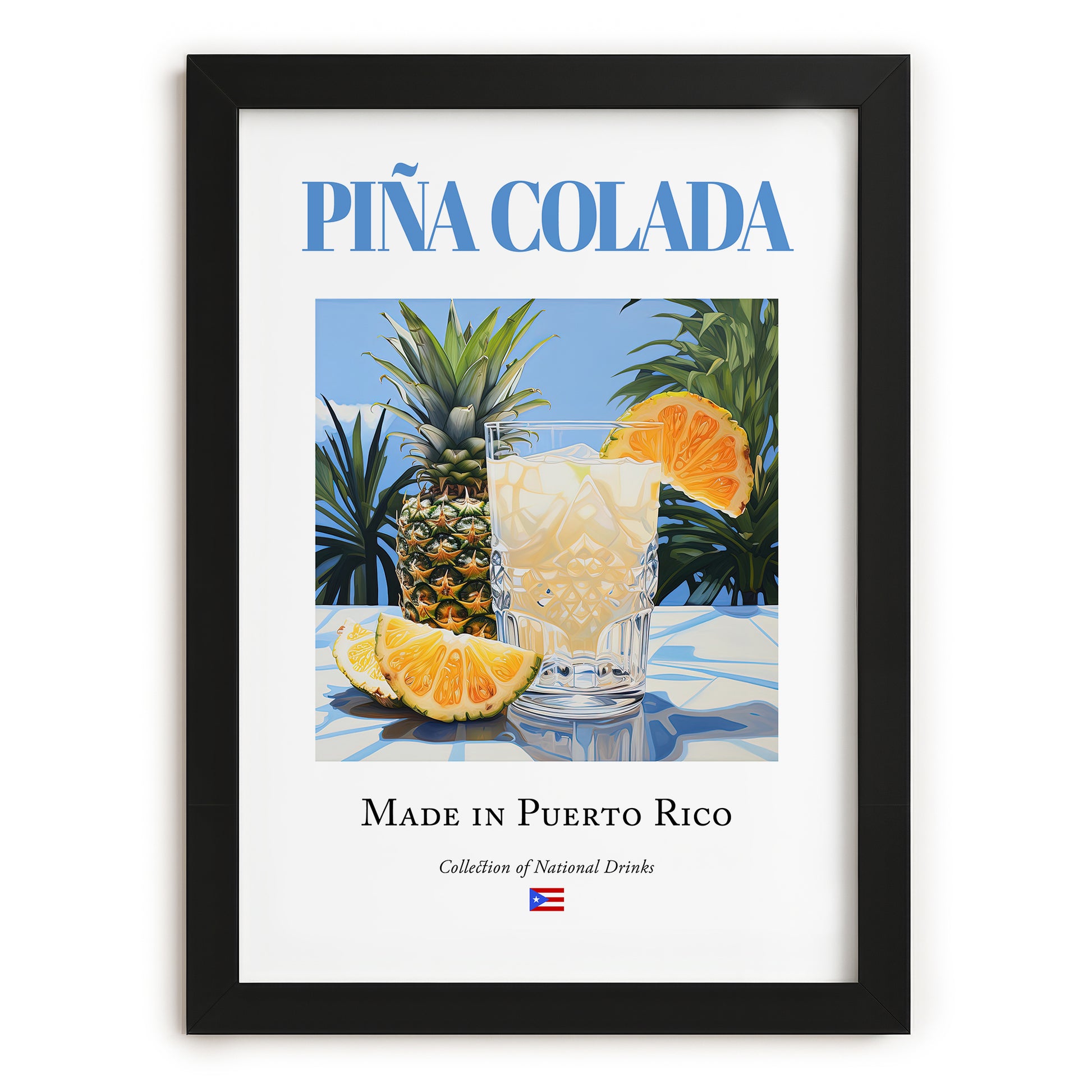 Piña Colada – Puerto Rican Cocktail Drink, Cocktail Lounge Print, in sleek black frame