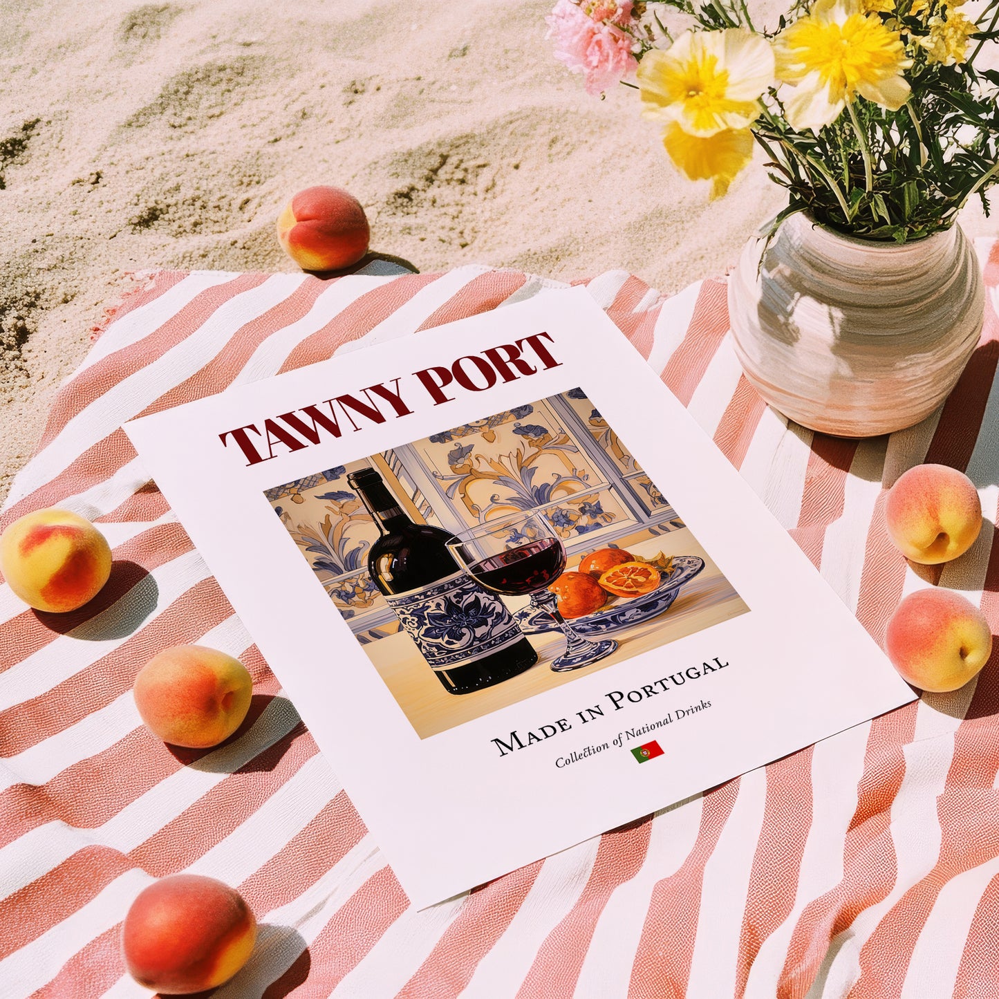 Tawny Port – Portuguese Dessert Wine, Wine Bar Wall Art, unframed on coastal sand