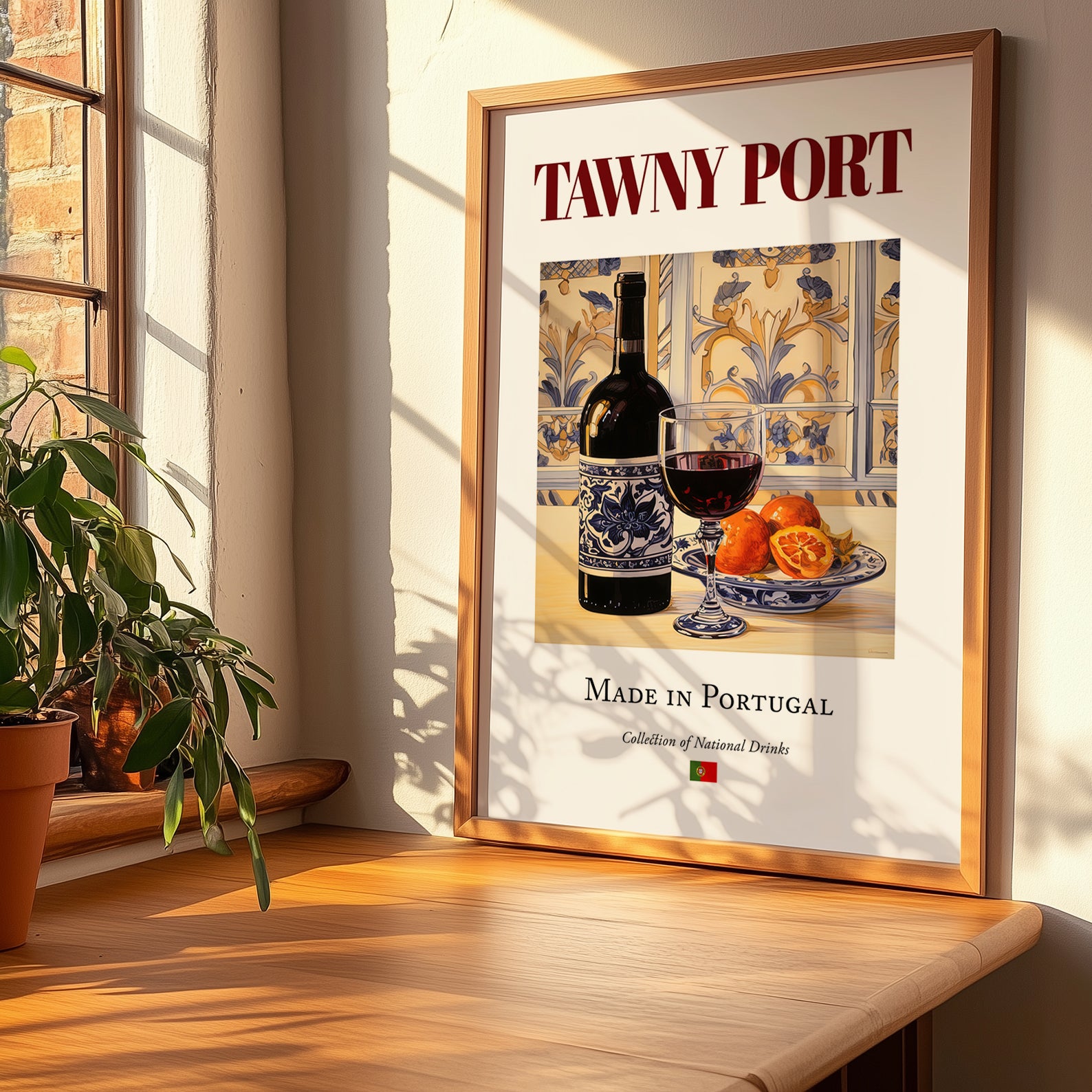 Tawny Port – Portuguese Dessert Wine, Wine Bar Wall Art, no-text version framed in wood