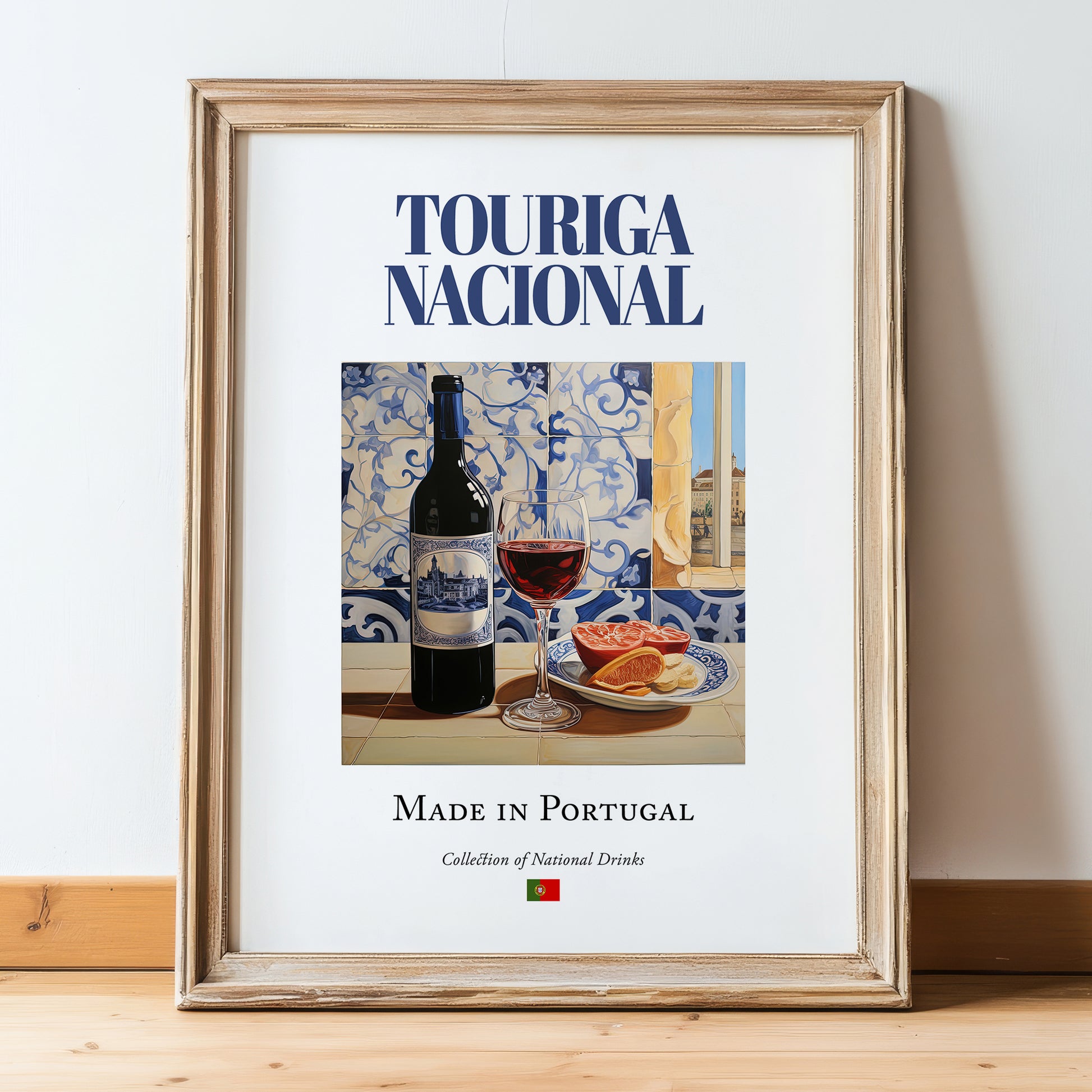 Touriga Nacional – Portuguese Red Wine, Tasting Room Illustration, in wooden frame leaning on the floor
