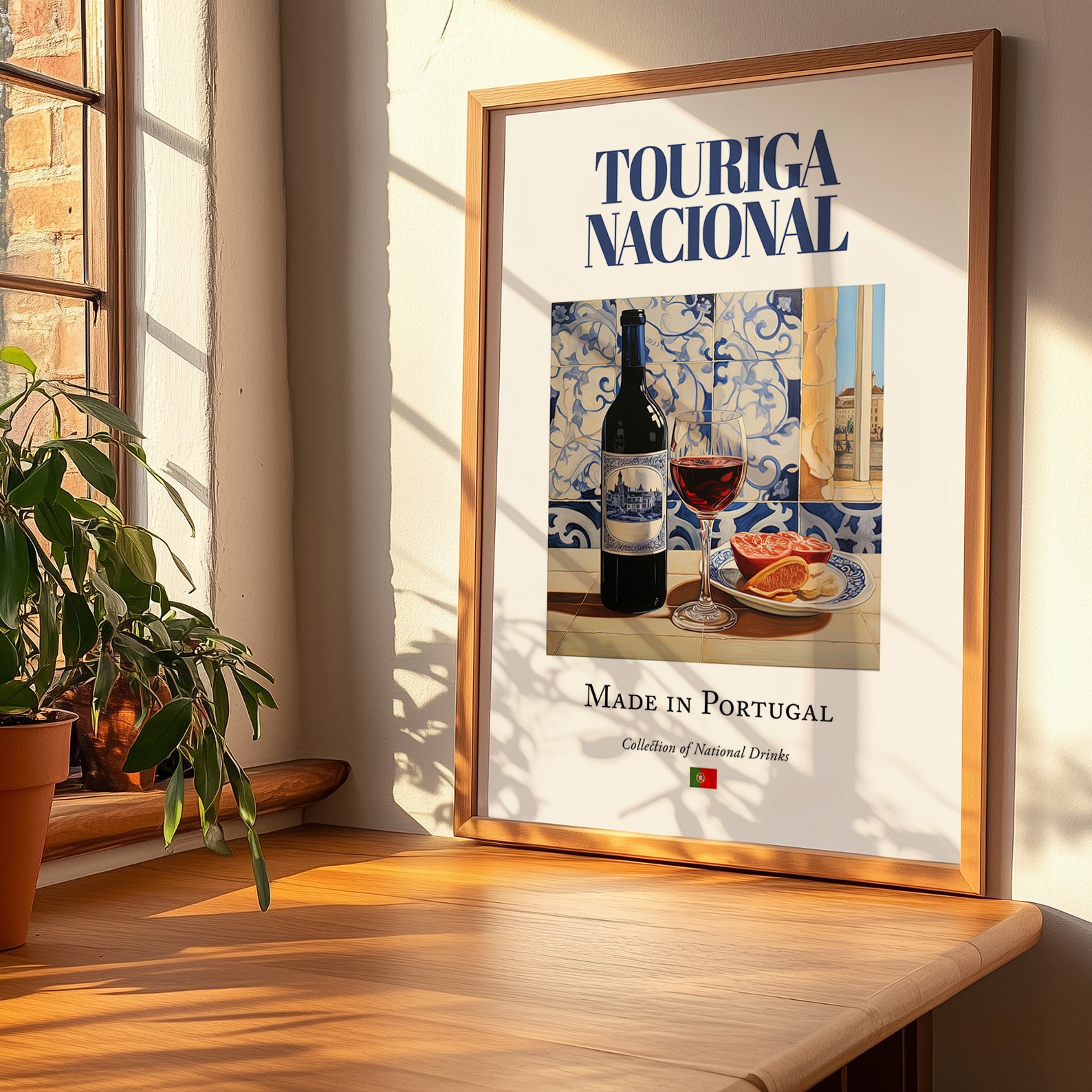 Touriga Nacional – Portuguese Red Wine, Tasting Room Illustration, no-text version framed in wood