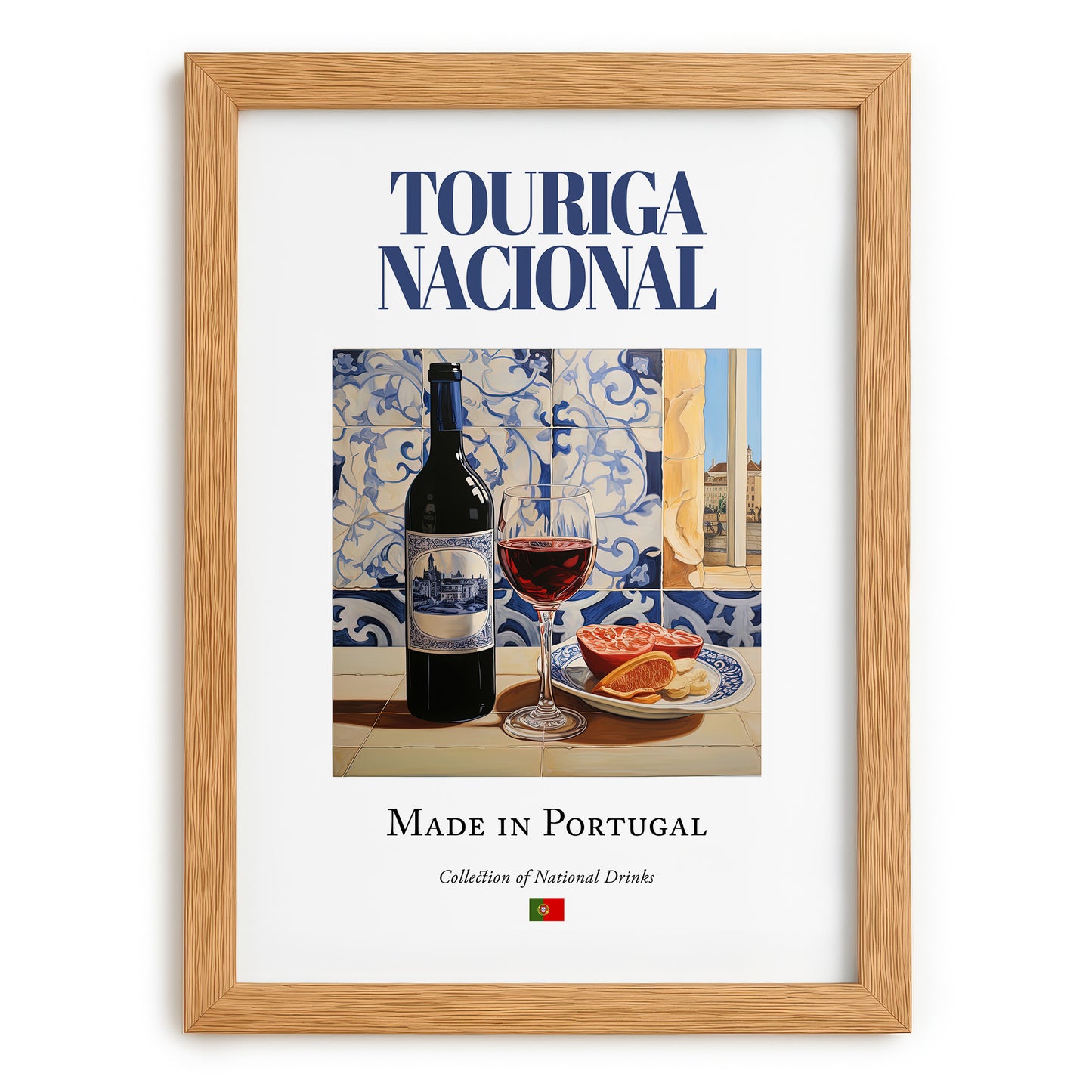 Touriga Nacional – Portuguese Red Wine, Tasting Room Illustration, set in oak frame