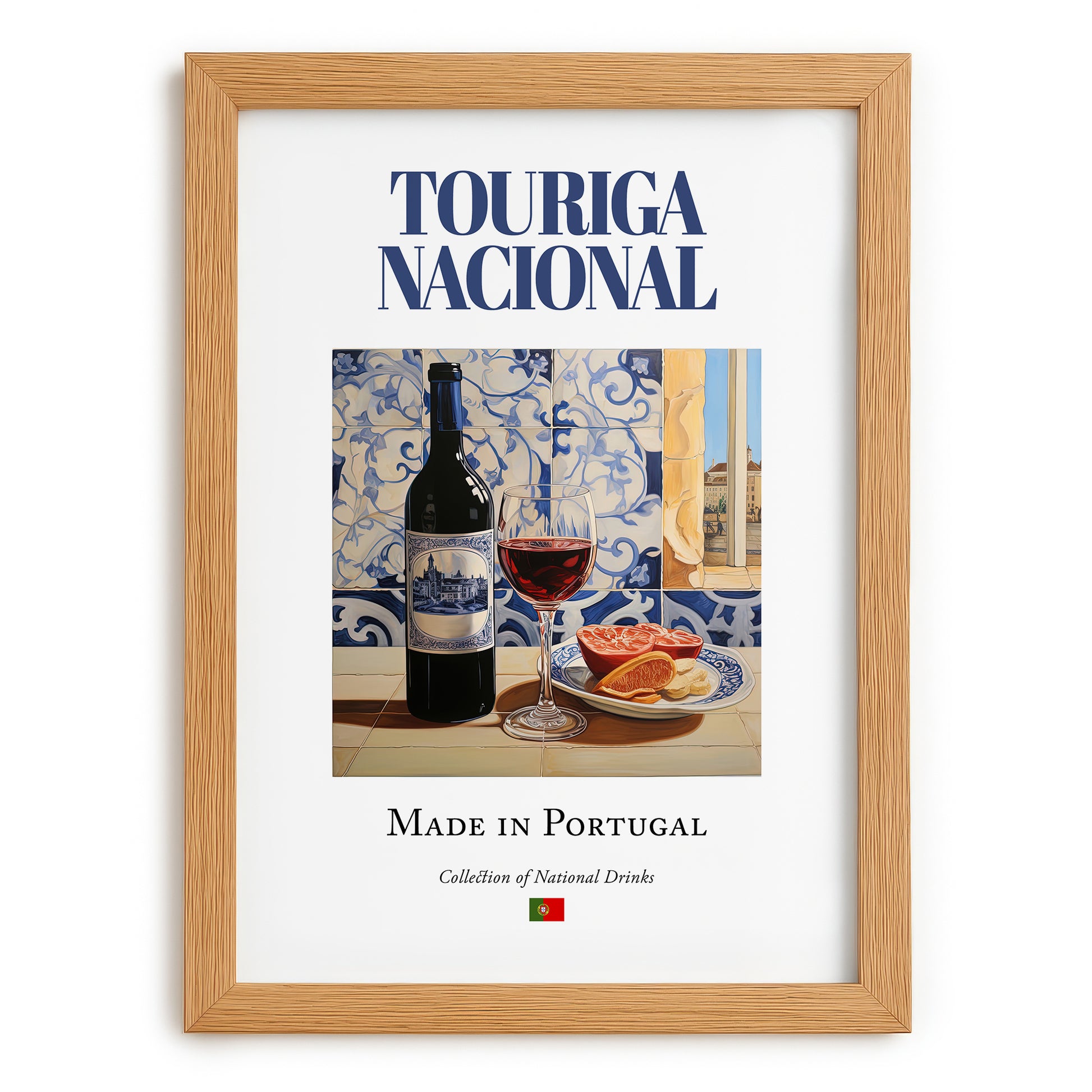Touriga Nacional – Portuguese Red Wine, Tasting Room Illustration, set in oak frame