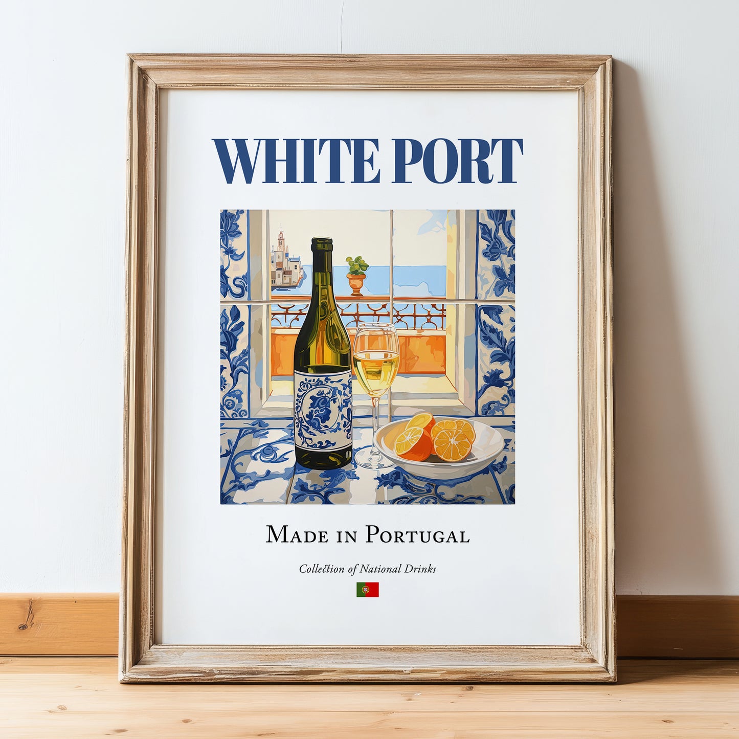 White Port – Portuguese Dessert Wine, Tasting Room Wall Decor, in wooden frame leaning on the floor
