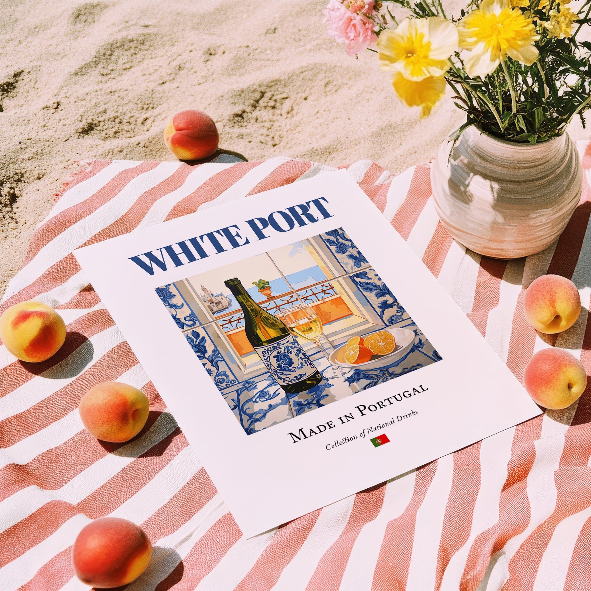 White Port – Portuguese Dessert Wine, Tasting Room Wall Decor, unframed on coastal sand