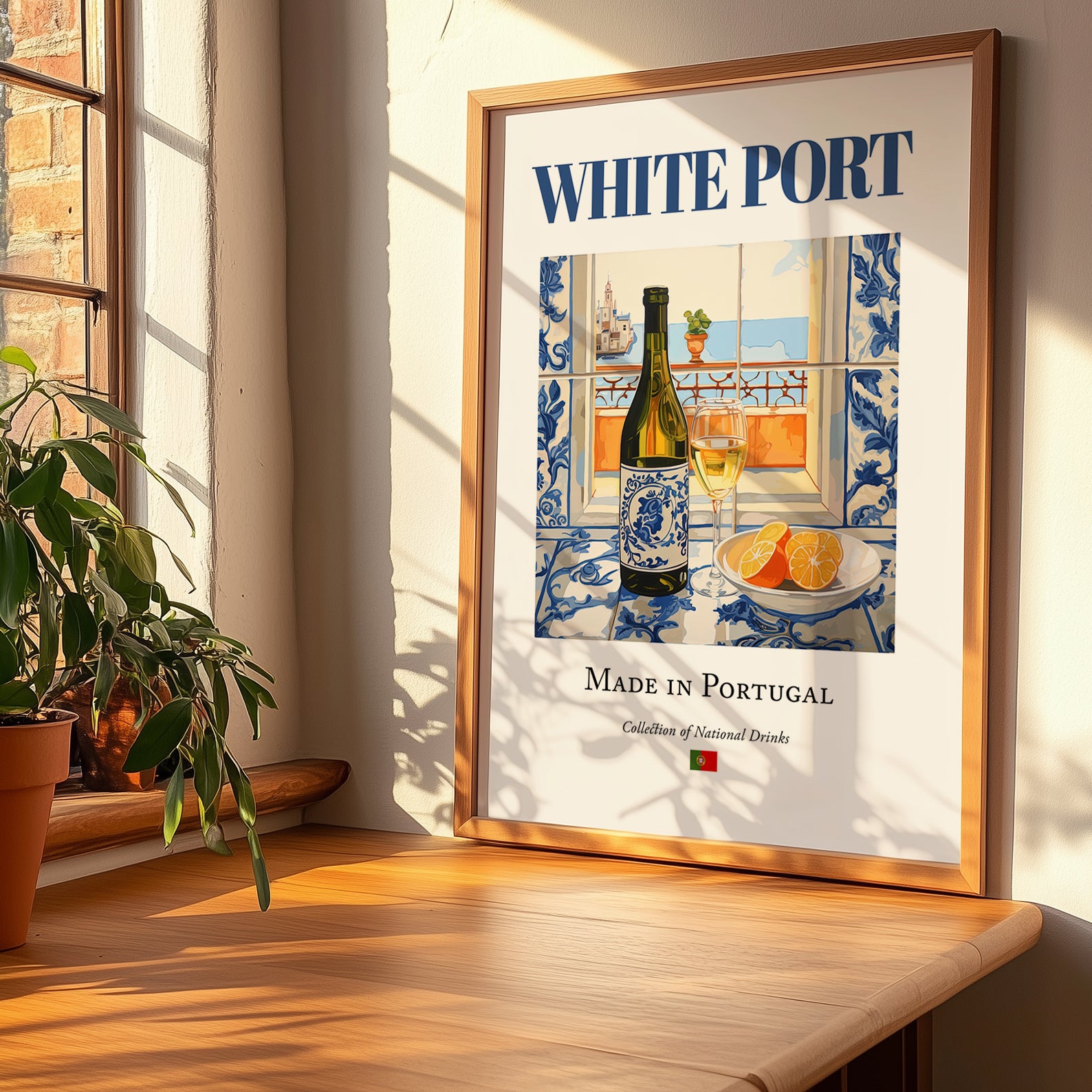 White Port – Portuguese Dessert Wine, Tasting Room Wall Decor, no-text version framed in wood