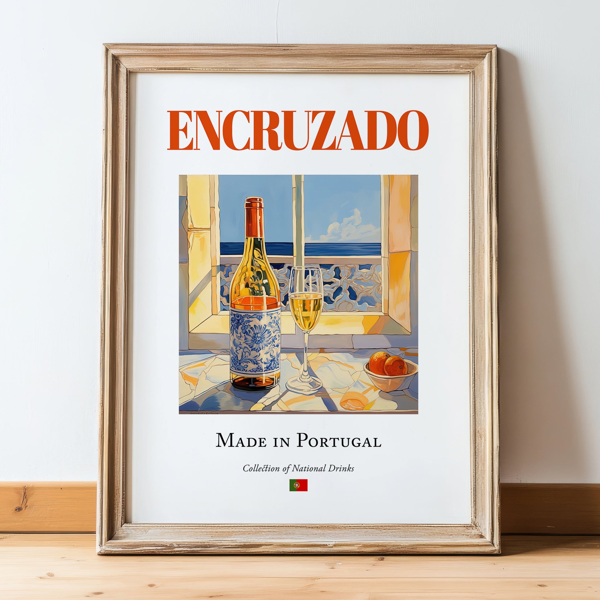 Encruzado – Portuguese White Wine, Bodega Wall Decor, in wooden frame leaning on the floor