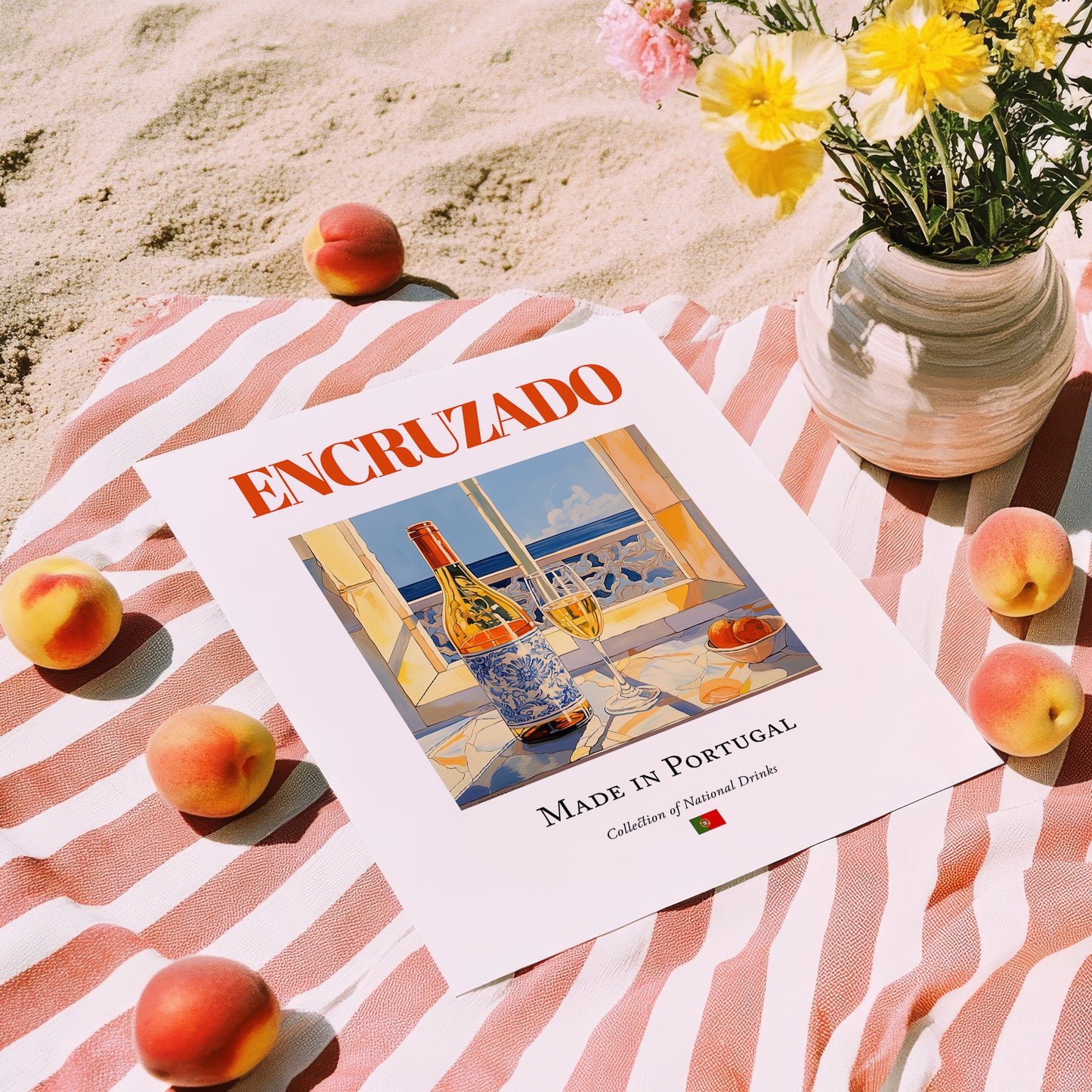 Encruzado – Portuguese White Wine, Bodega Wall Decor, unframed on coastal sand