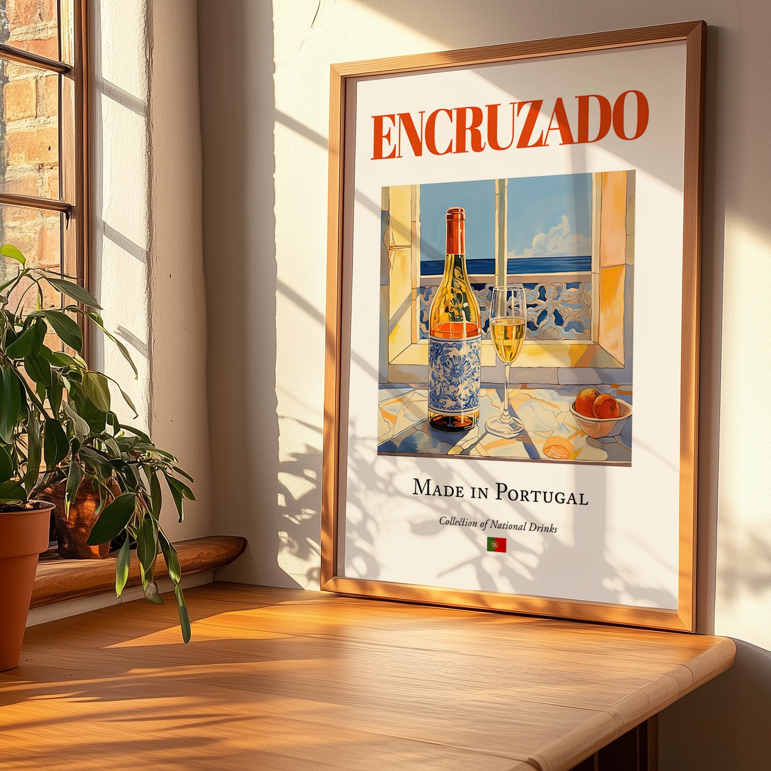 Encruzado – Portuguese White Wine, Bodega Wall Decor, no-text version framed in wood