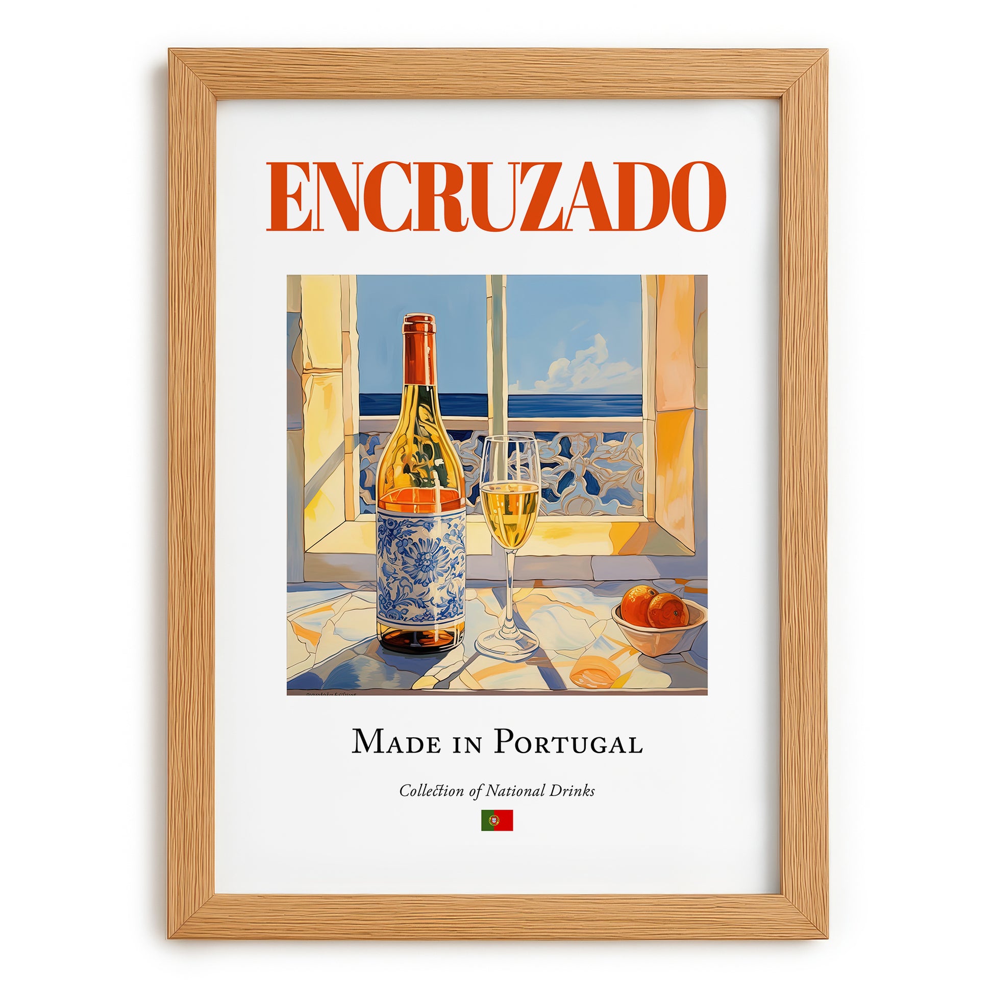 Encruzado – Portuguese White Wine, Bodega Wall Decor, set in oak frame