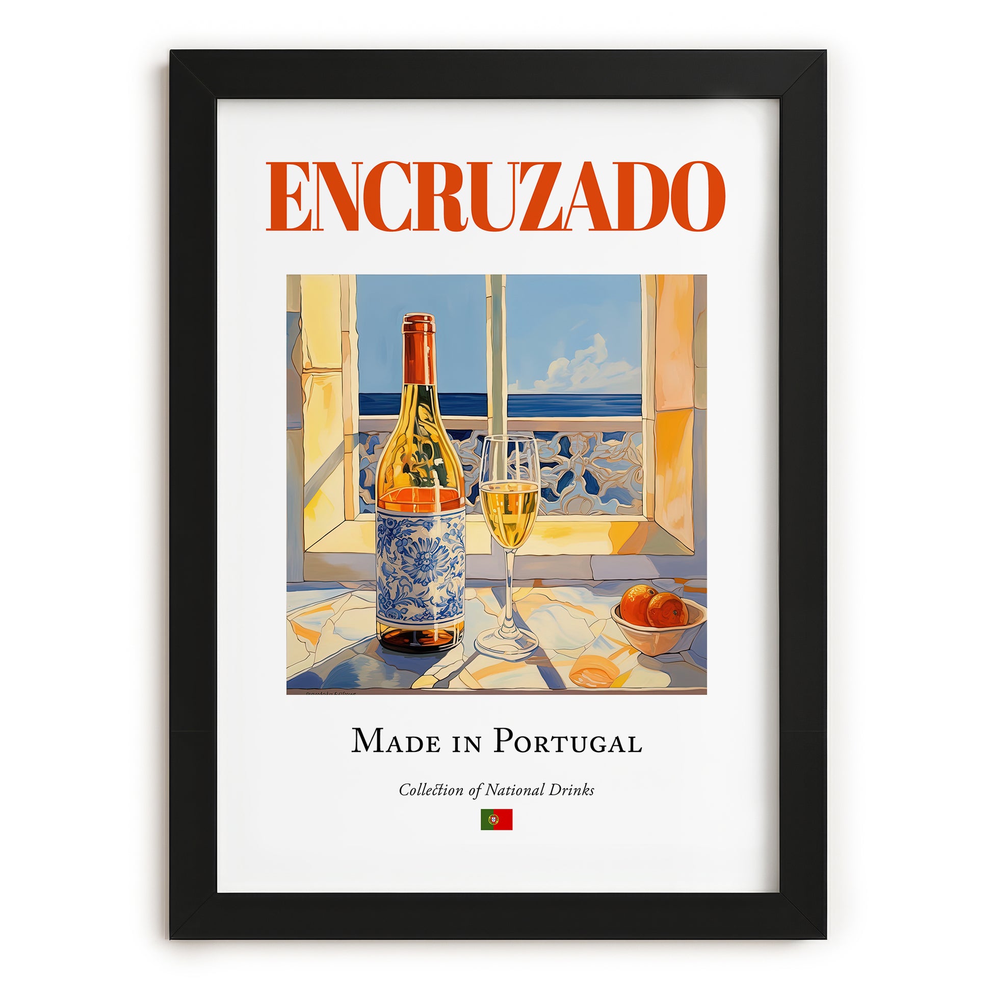 Encruzado – Portuguese White Wine, Bodega Wall Decor, in sleek black frame