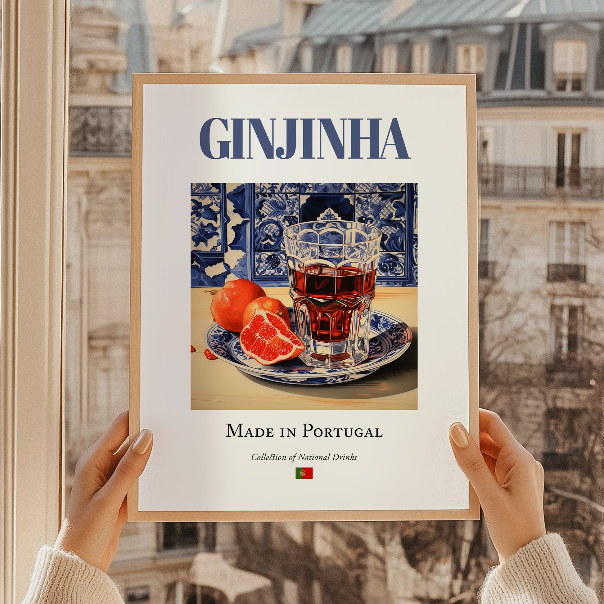 Ginjinha – Portuguese Spirit Drink, Rooftop Terrace Painting, styled in a charming Paris street view