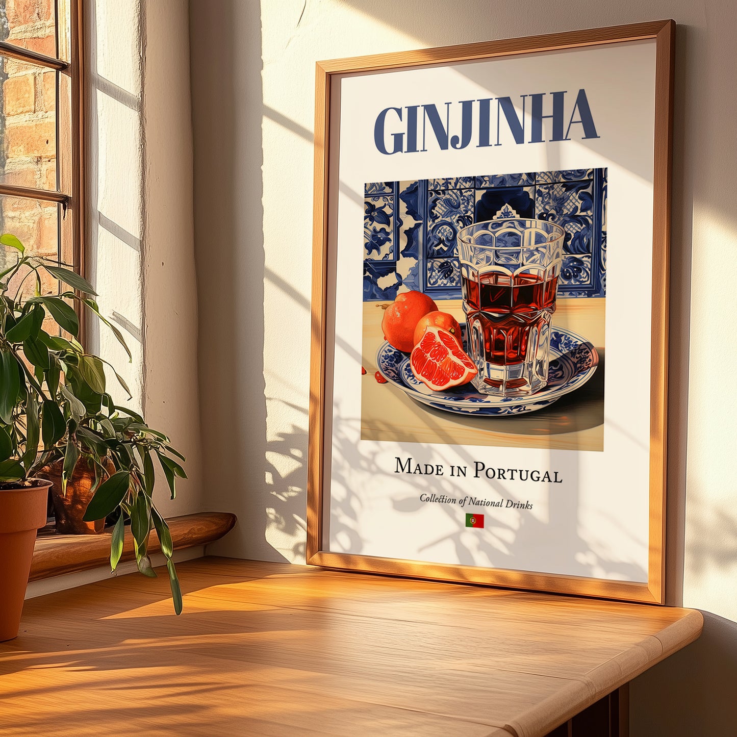 Ginjinha – Portuguese Spirit Drink, Rooftop Terrace Painting, no-text version framed in wood