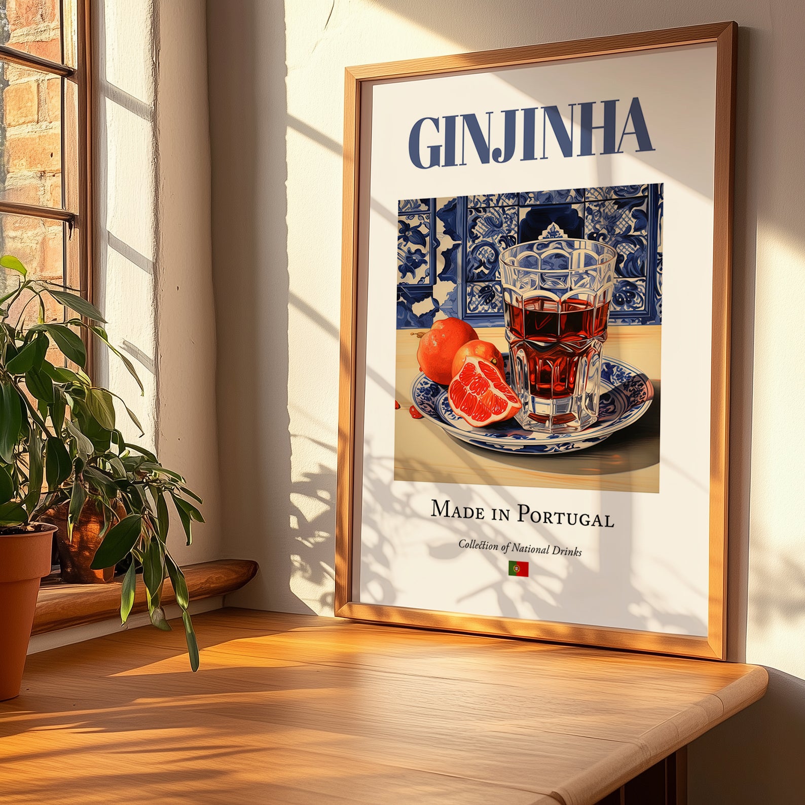 Ginjinha – Portuguese Spirit Drink, Rooftop Terrace Painting, no-text version framed in wood
