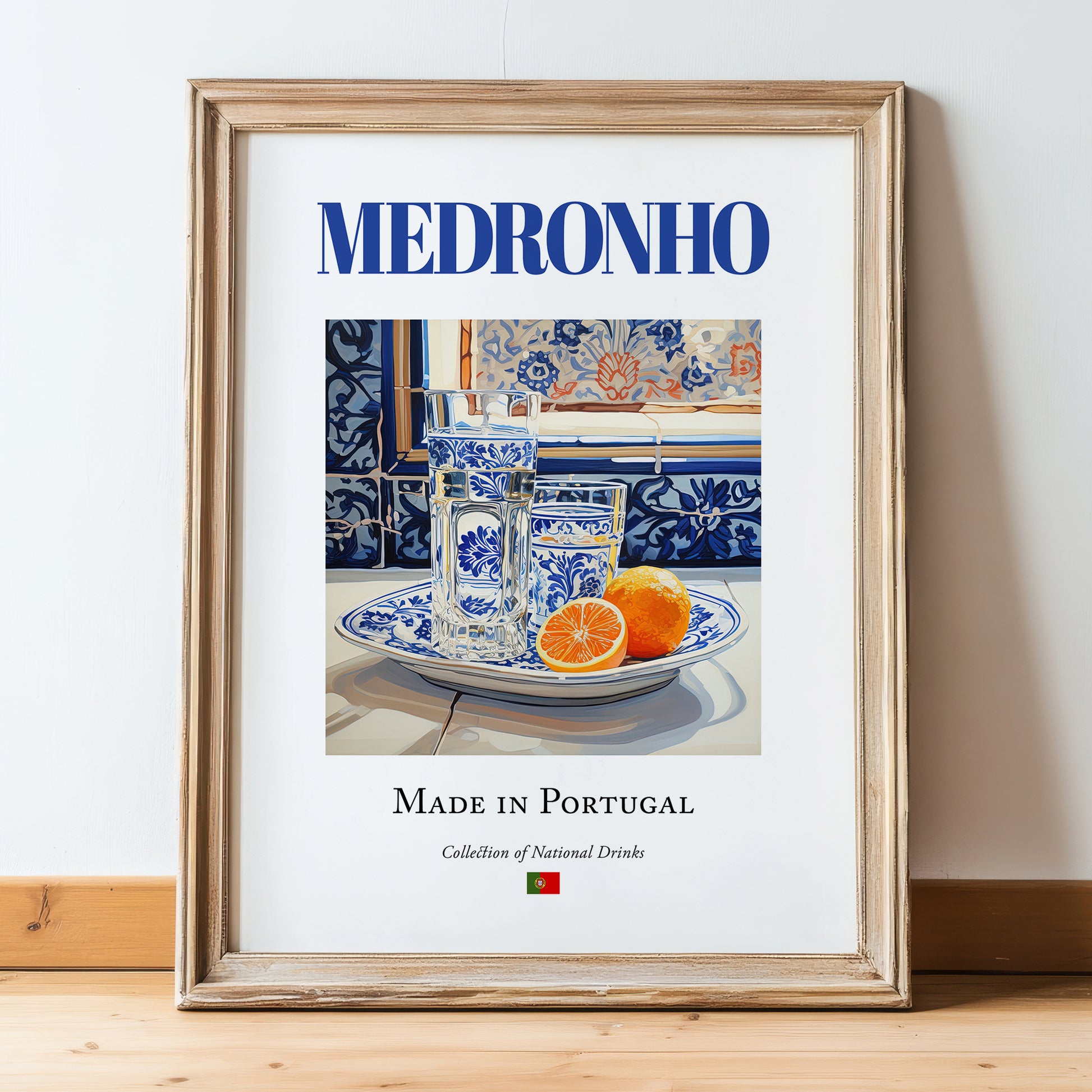 Medronho (brandy) – Portuguese Spirit Drink, Hotel Lobby Painting, in wooden frame leaning on the floor