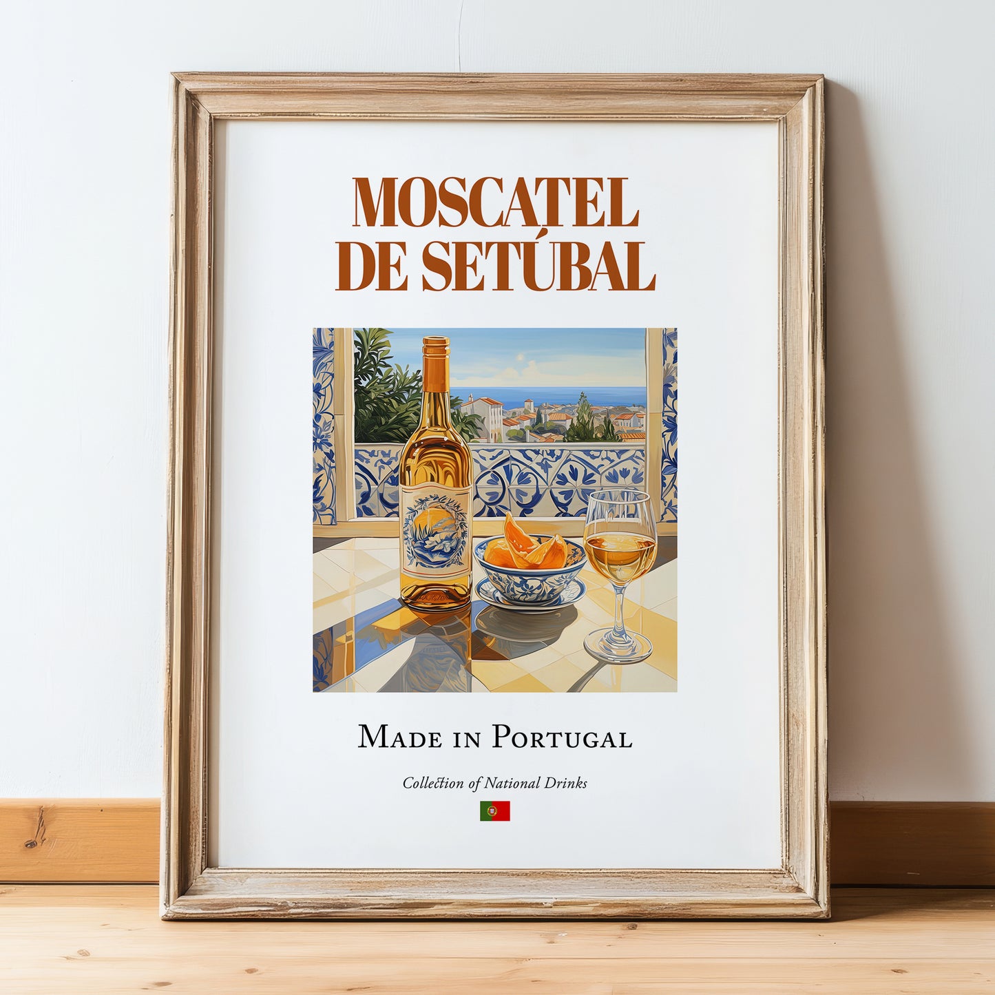 Moscatel de Setúbal – Portuguese Dessert Wine, Enoteca Art, in wooden frame leaning on the floor