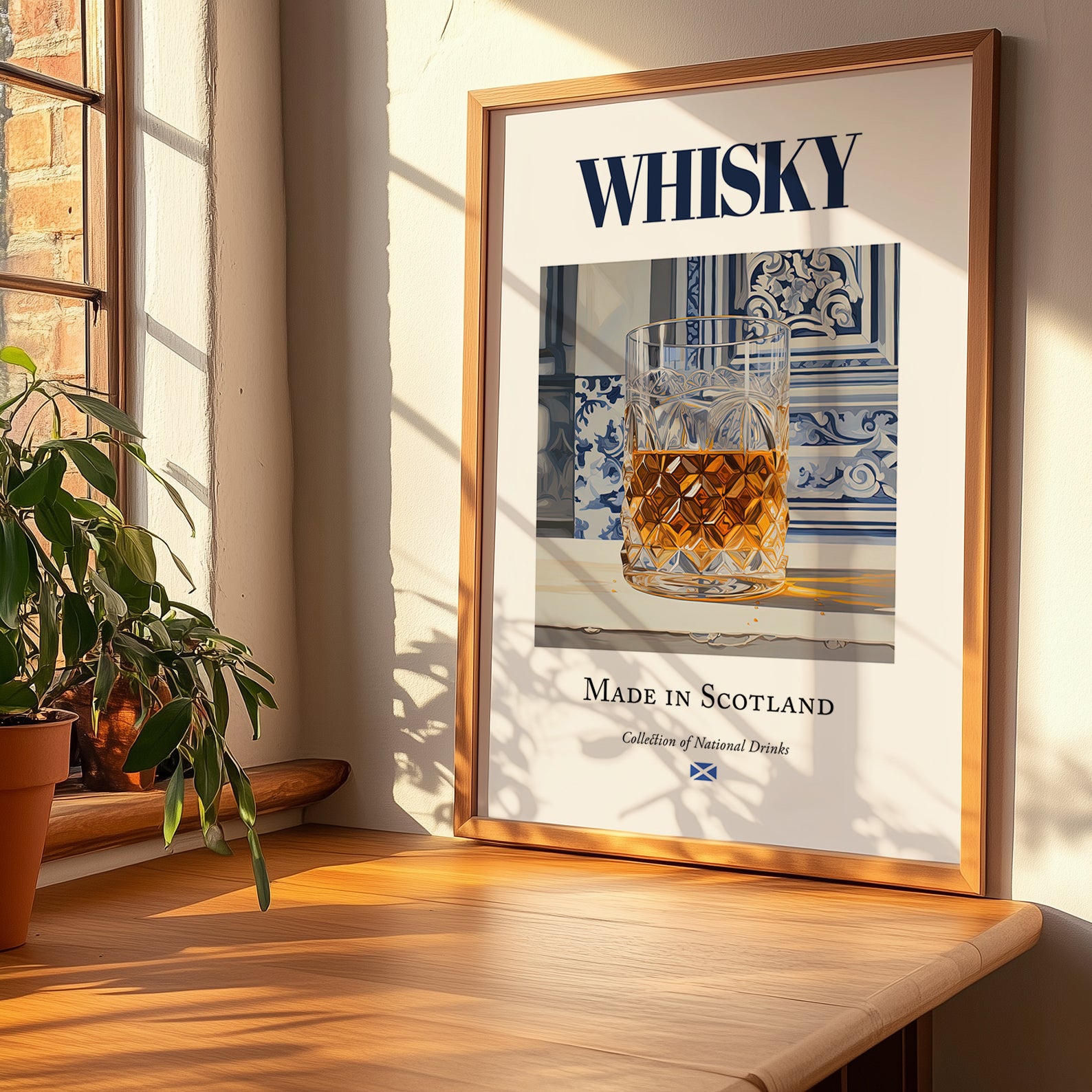 Whisky – Scottish Spirit Drink, Beach Bar Poster, no-text version framed in wood